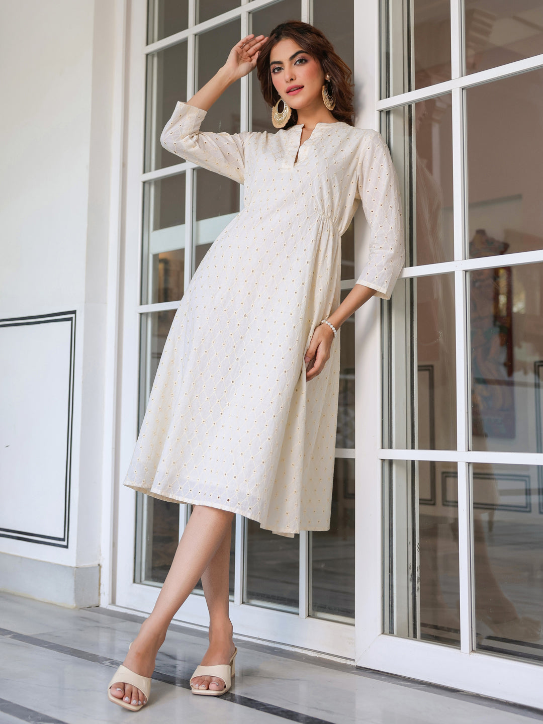 Janasya Light Cotton Schiffli A-Line Dress 