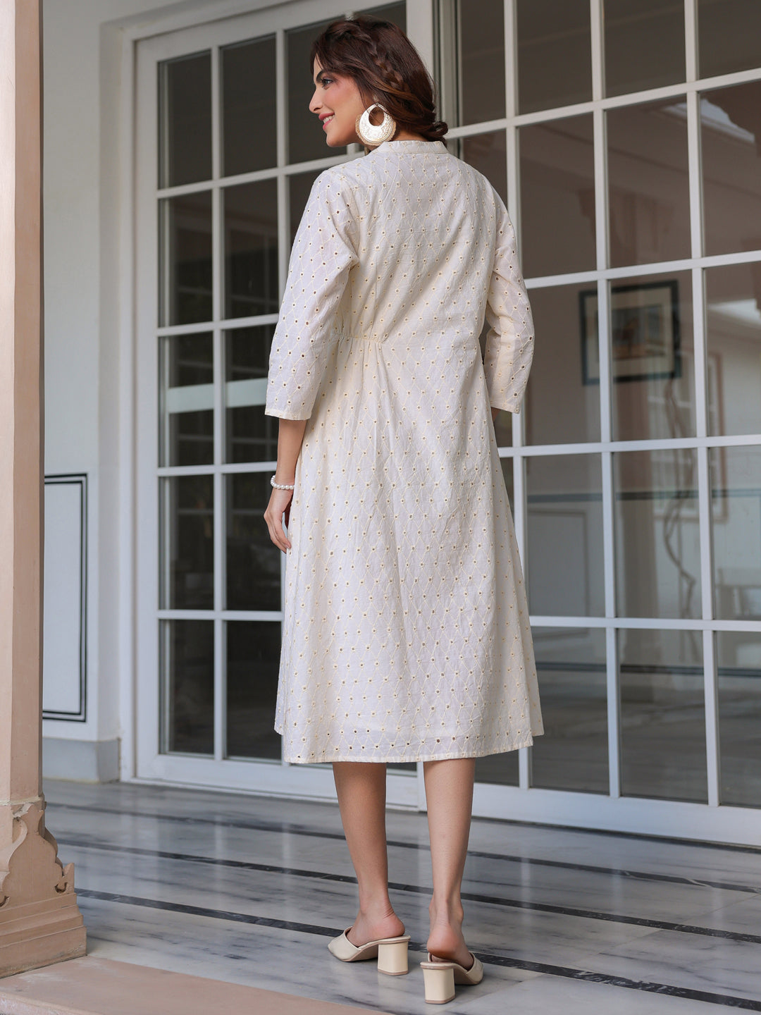 Janasya Light Cotton Schiffli A-Line Dress 