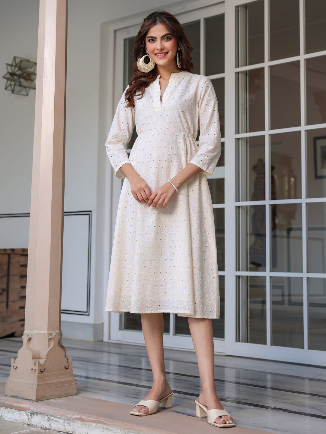 Janasya Light Cotton Schiffli A-Line Dress 