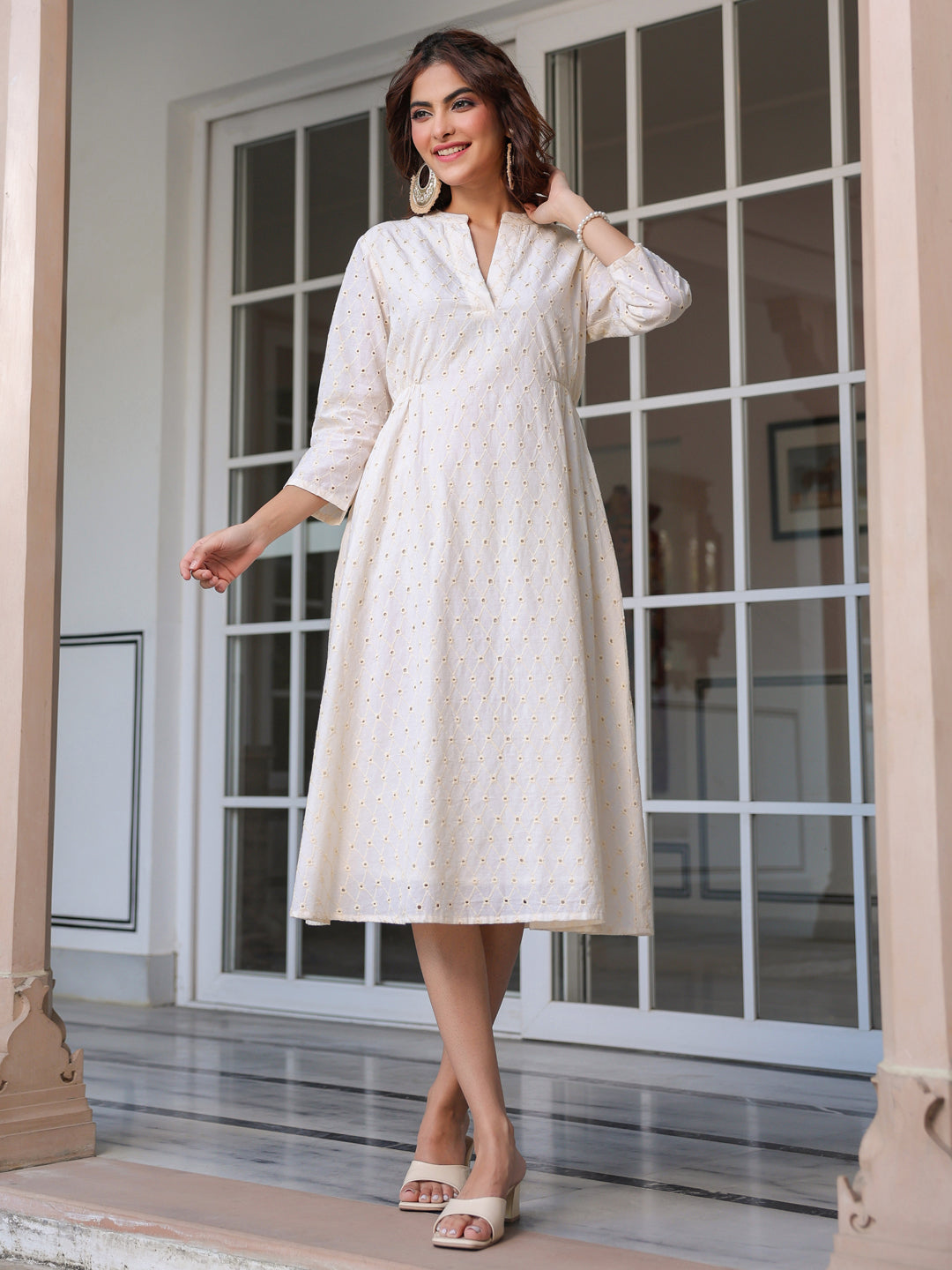 Janasya Light Cotton Schiffli A-Line Dress 
