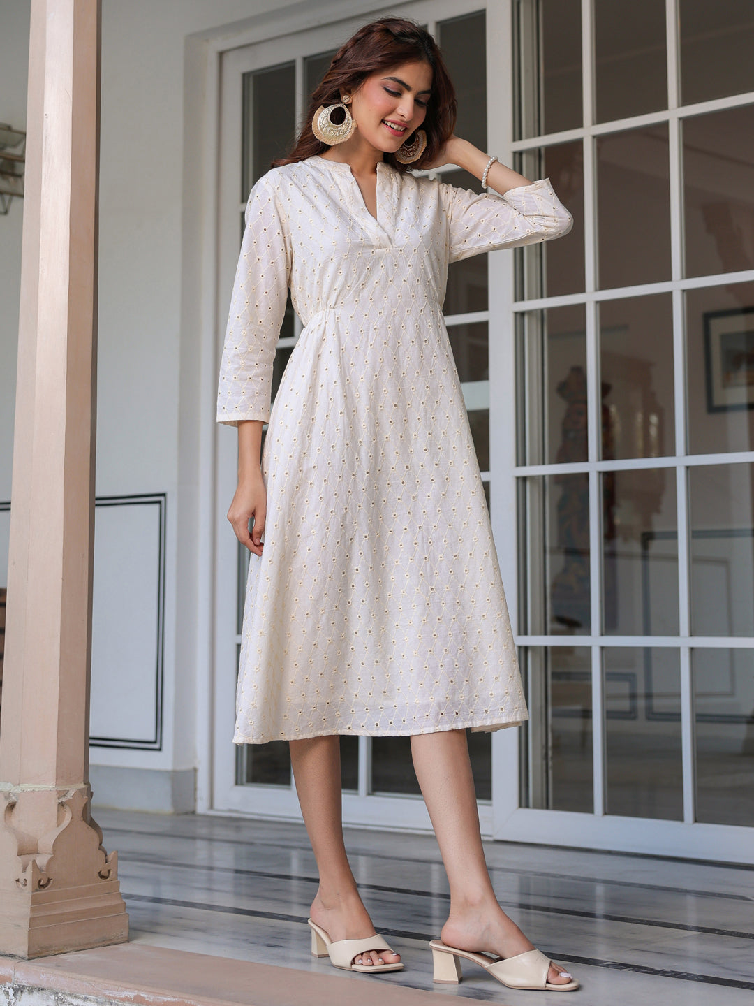 Janasya Light Cotton Schiffli A-Line Dress 