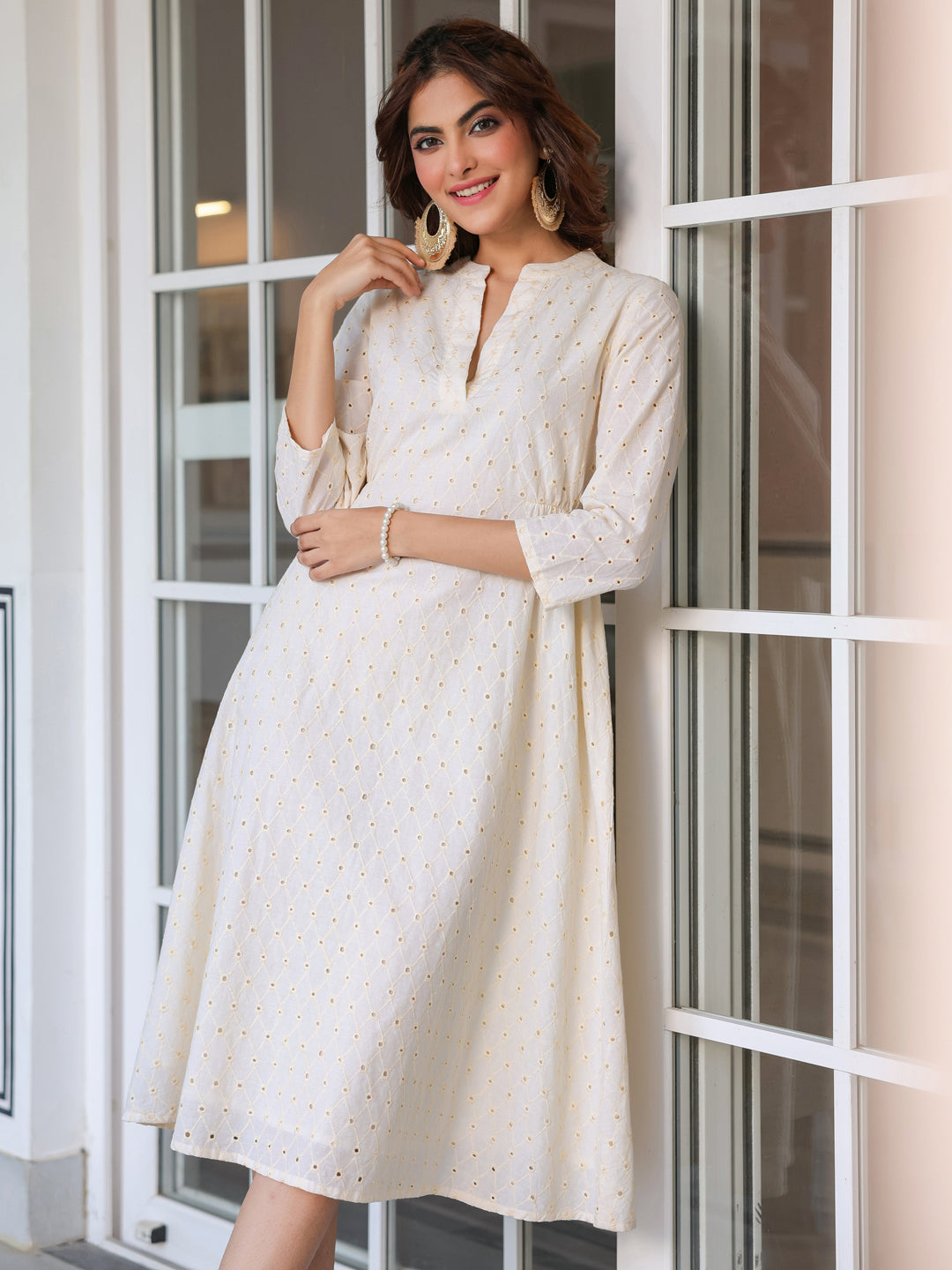 Janasya Light Cotton Schiffli A-Line Dress 