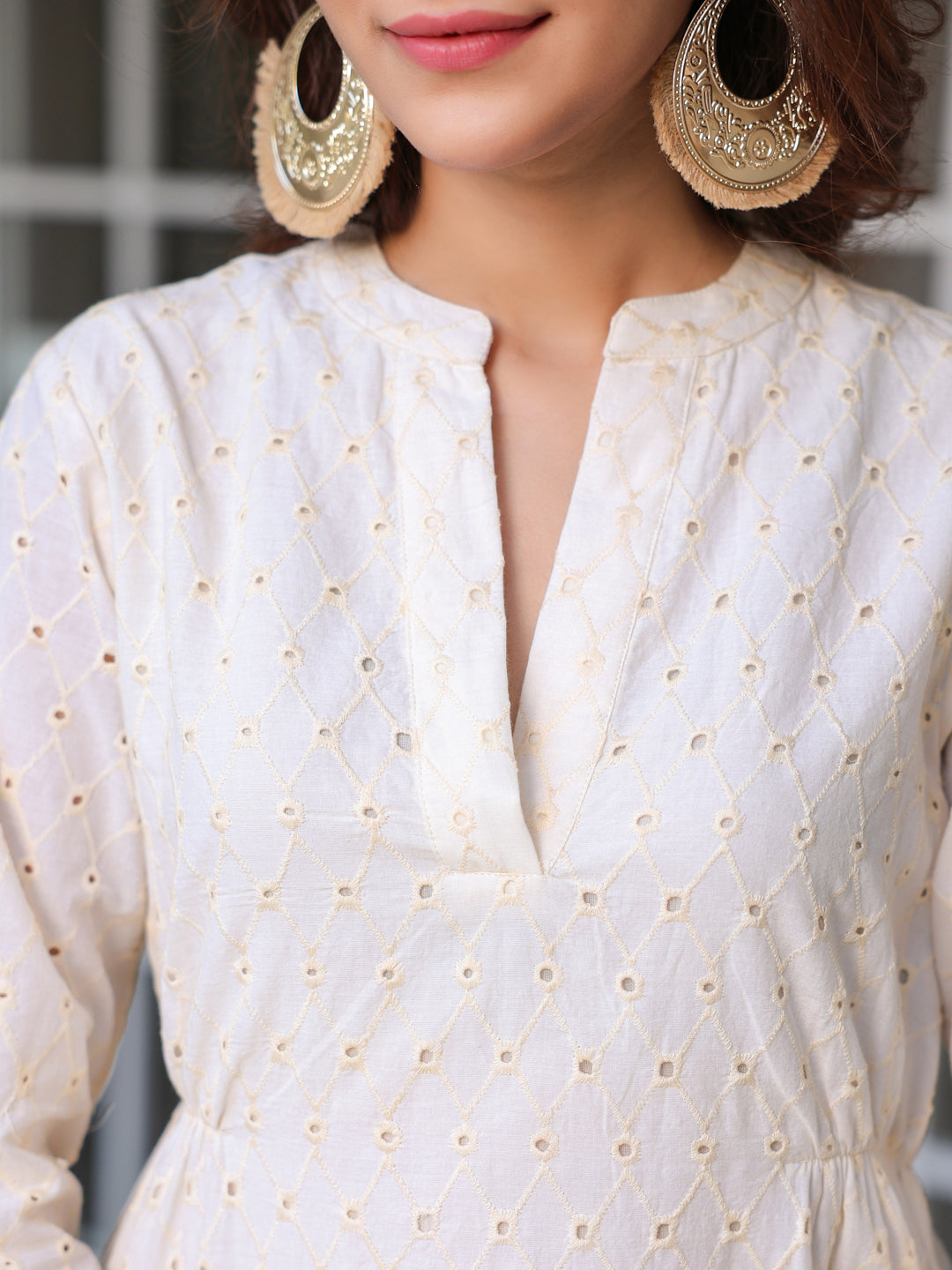 Janasya Light Cotton Schiffli A-Line Dress 