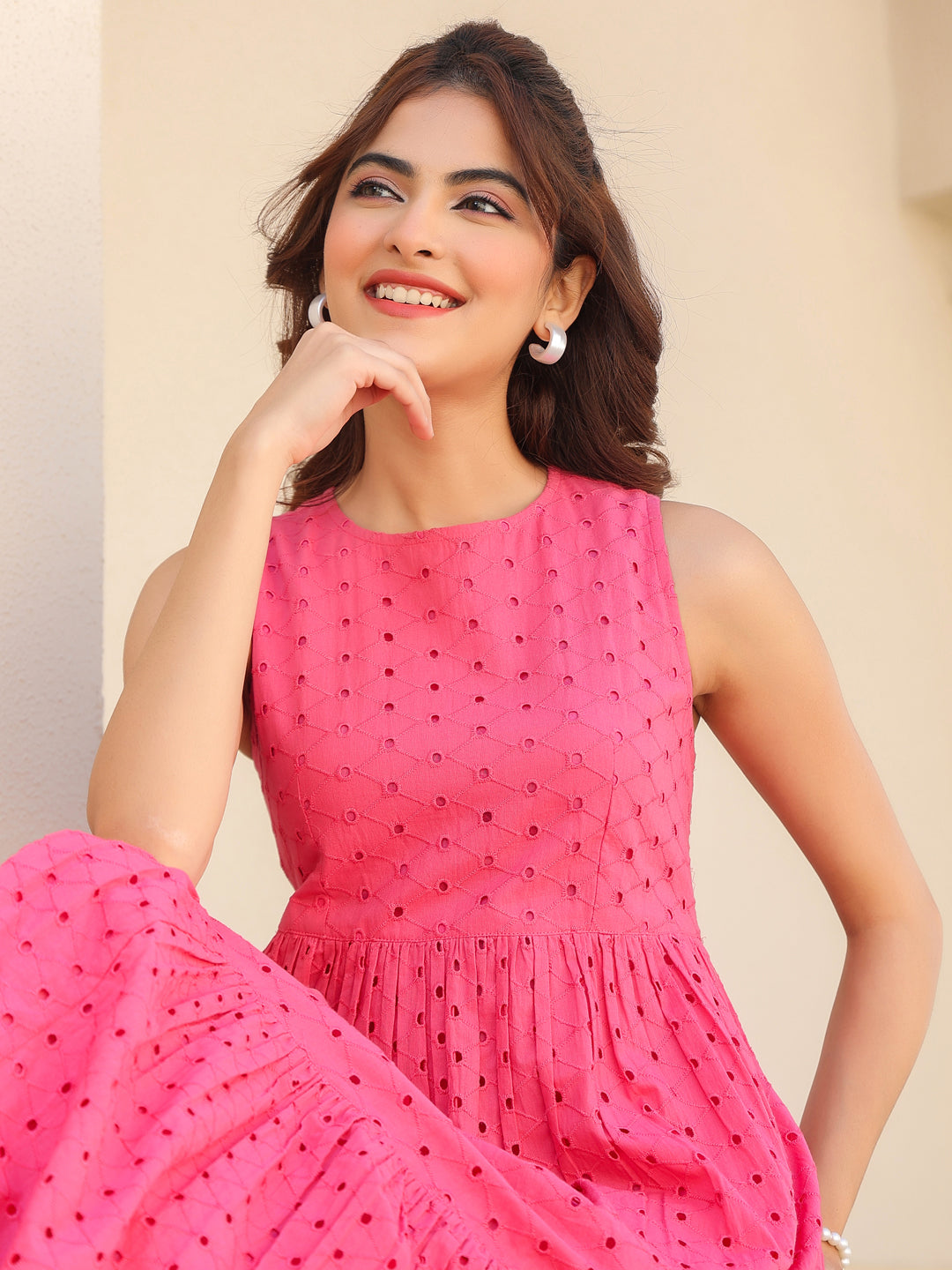 Janasya Bright Cotton Schiffli Fit & Flare Dress 