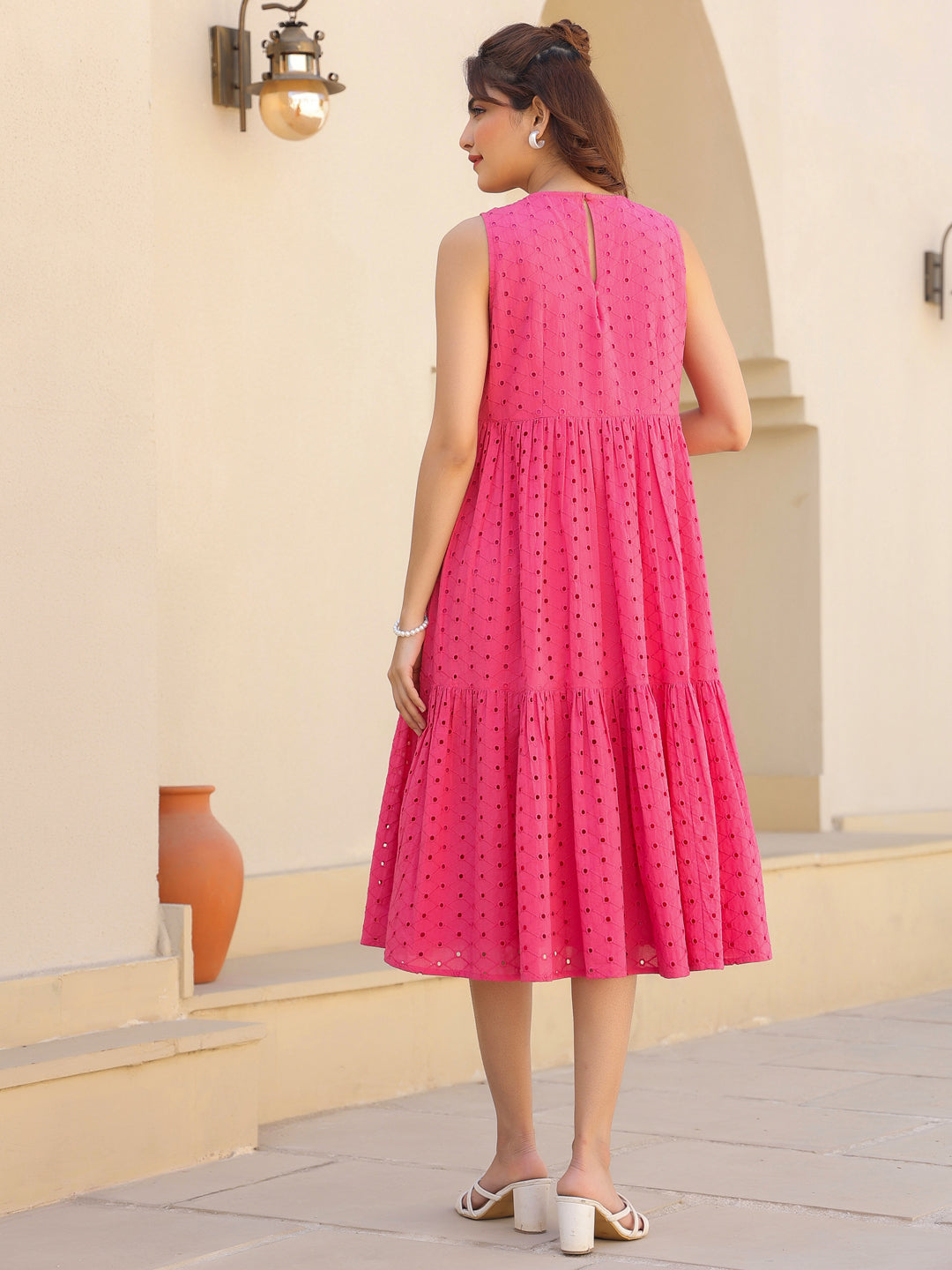 Janasya Bright Cotton Schiffli Fit & Flare Dress 