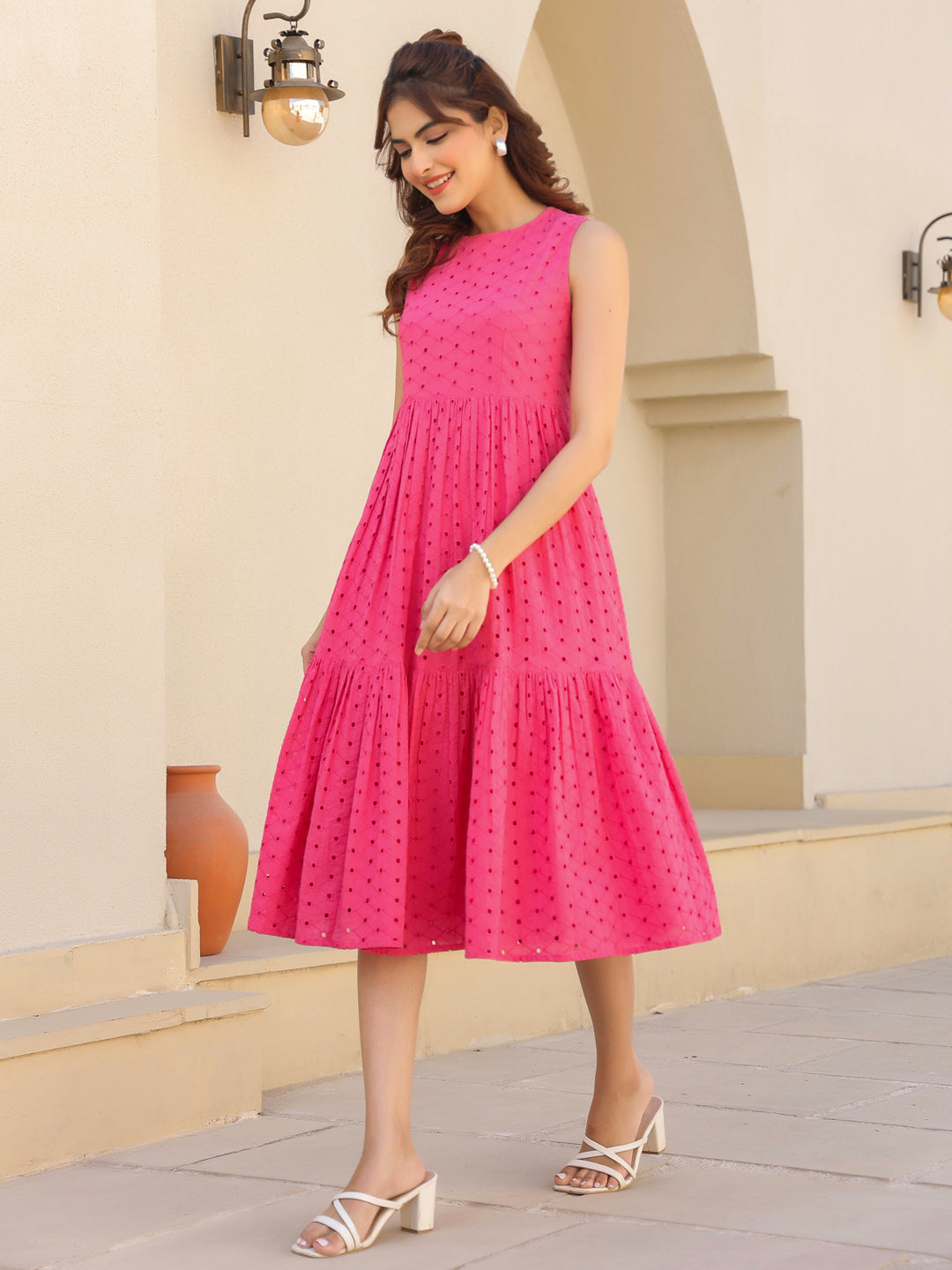 Janasya Bright Cotton Schiffli Fit & Flare Dress 