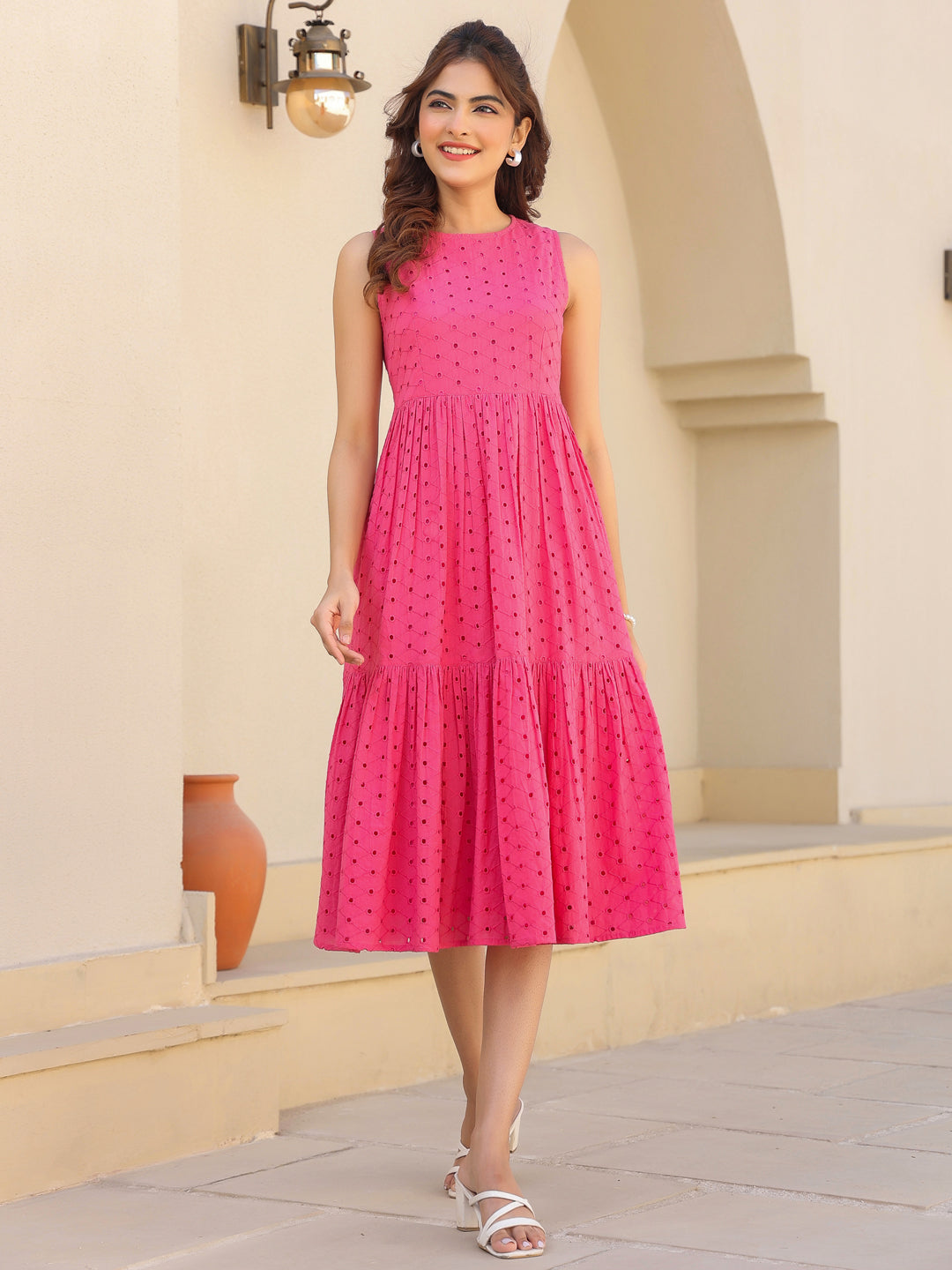 Janasya Bright Cotton Schiffli Fit & Flare Dress 