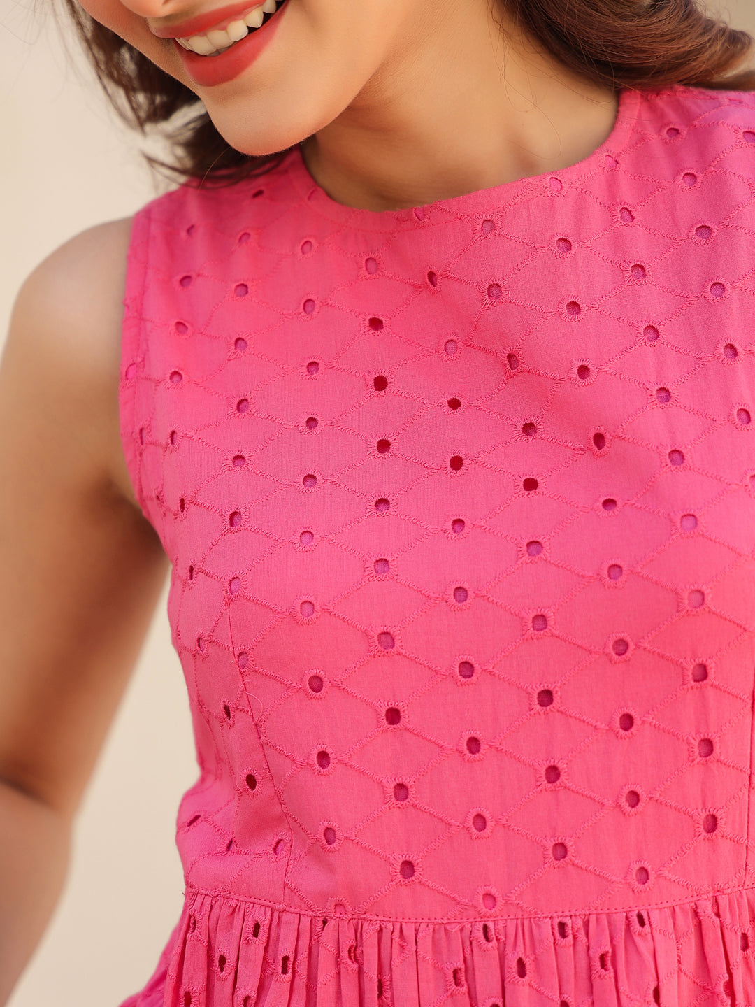 Janasya Bright Cotton Schiffli Fit & Flare Dress 