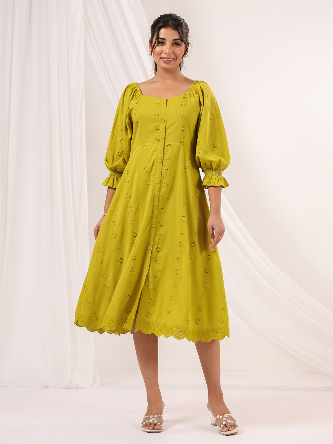 Janasya Dark Cotton Schiffli A-Line Dress 