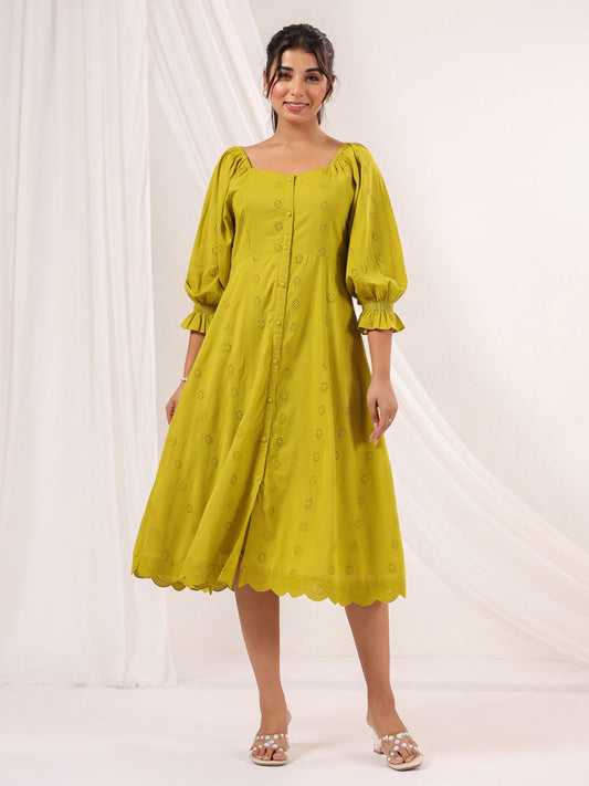 Janasya Dark Cotton Schiffli A-Line Dress 