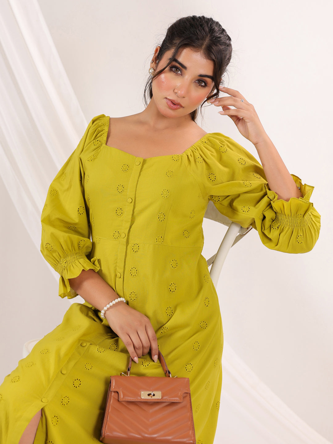 Janasya Dark Cotton Schiffli A-Line Dress 