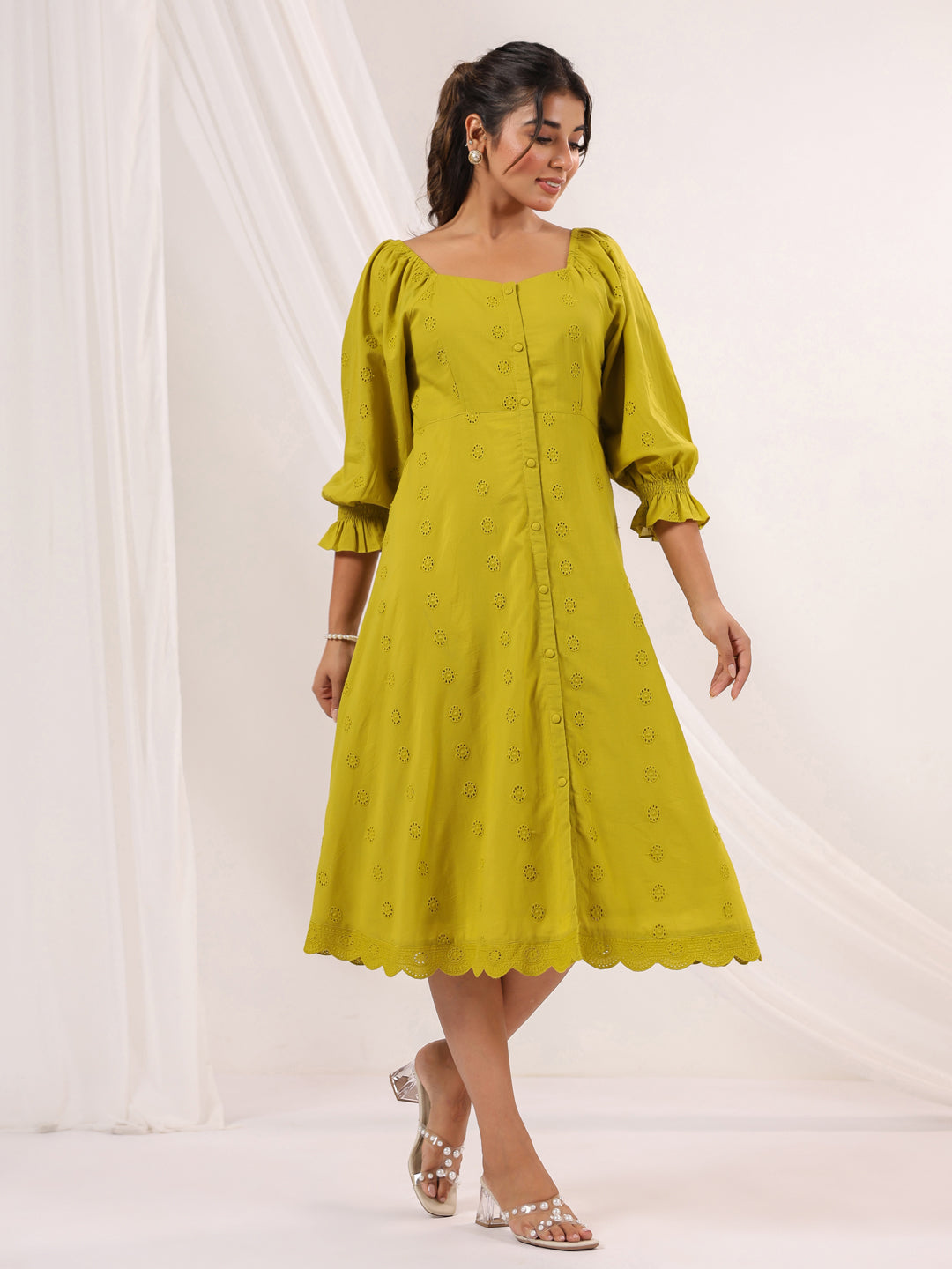 Janasya Dark Cotton Schiffli A-Line Dress 