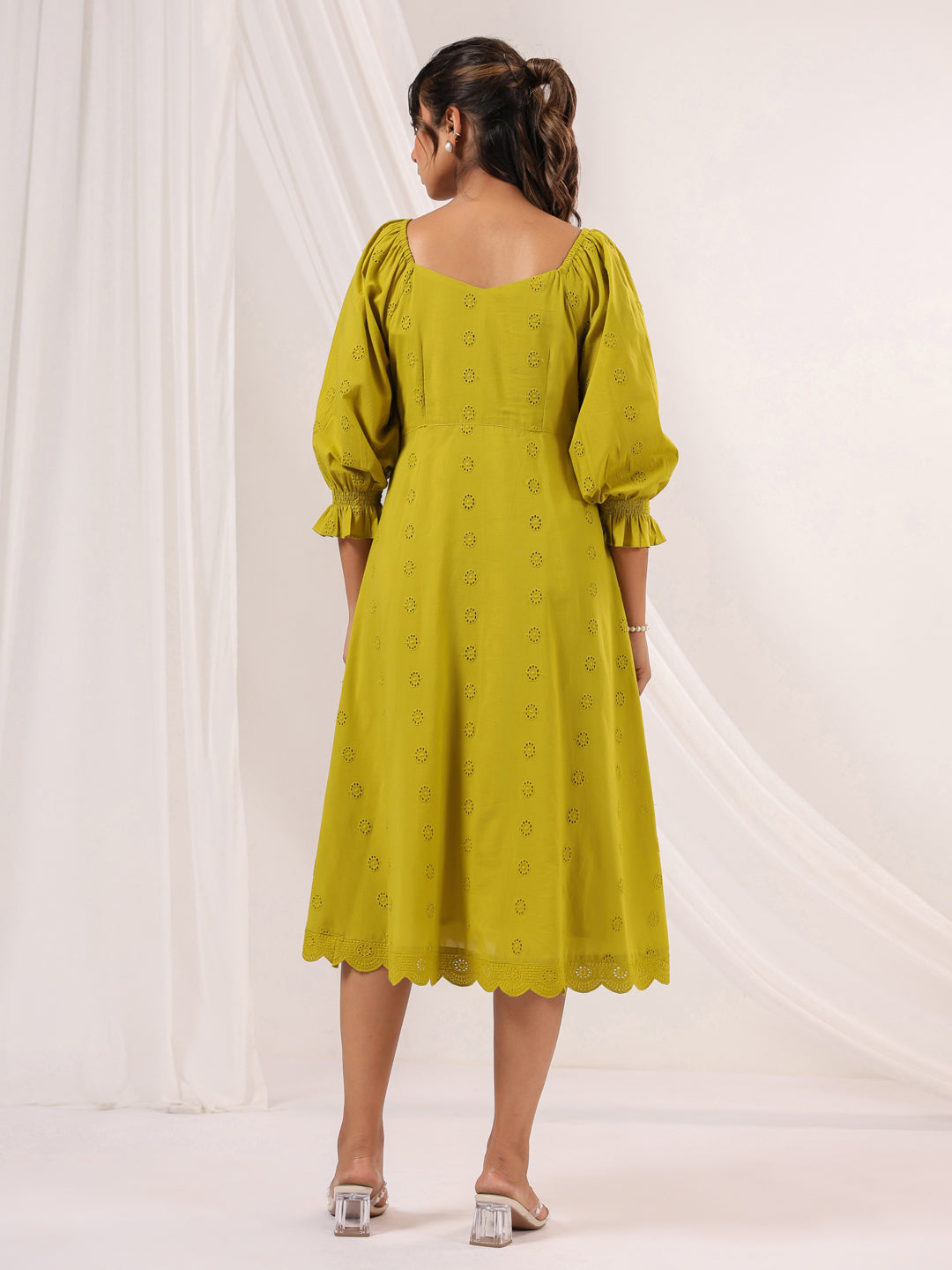 Janasya Dark Cotton Schiffli A-Line Dress 