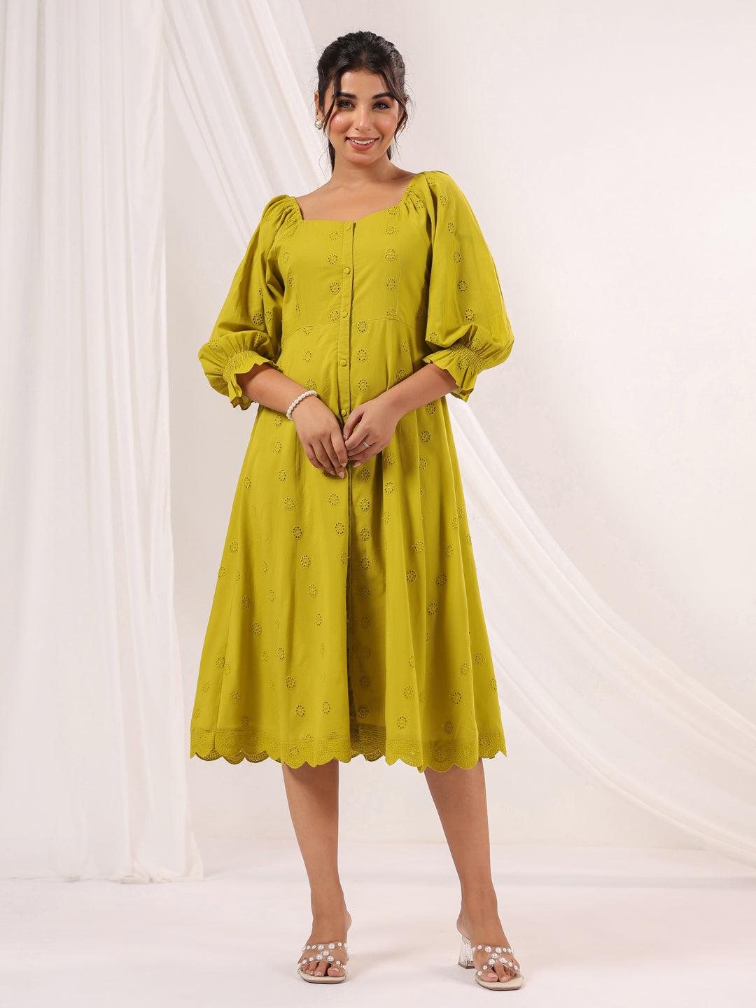 Janasya Dark Cotton Schiffli A-Line Dress 