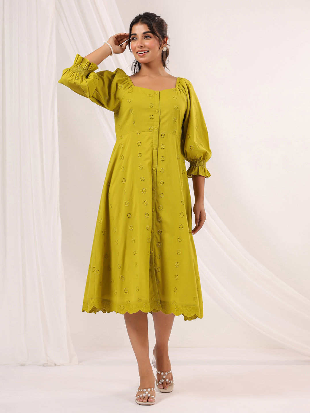 Janasya Dark Cotton Schiffli A-Line Dress 