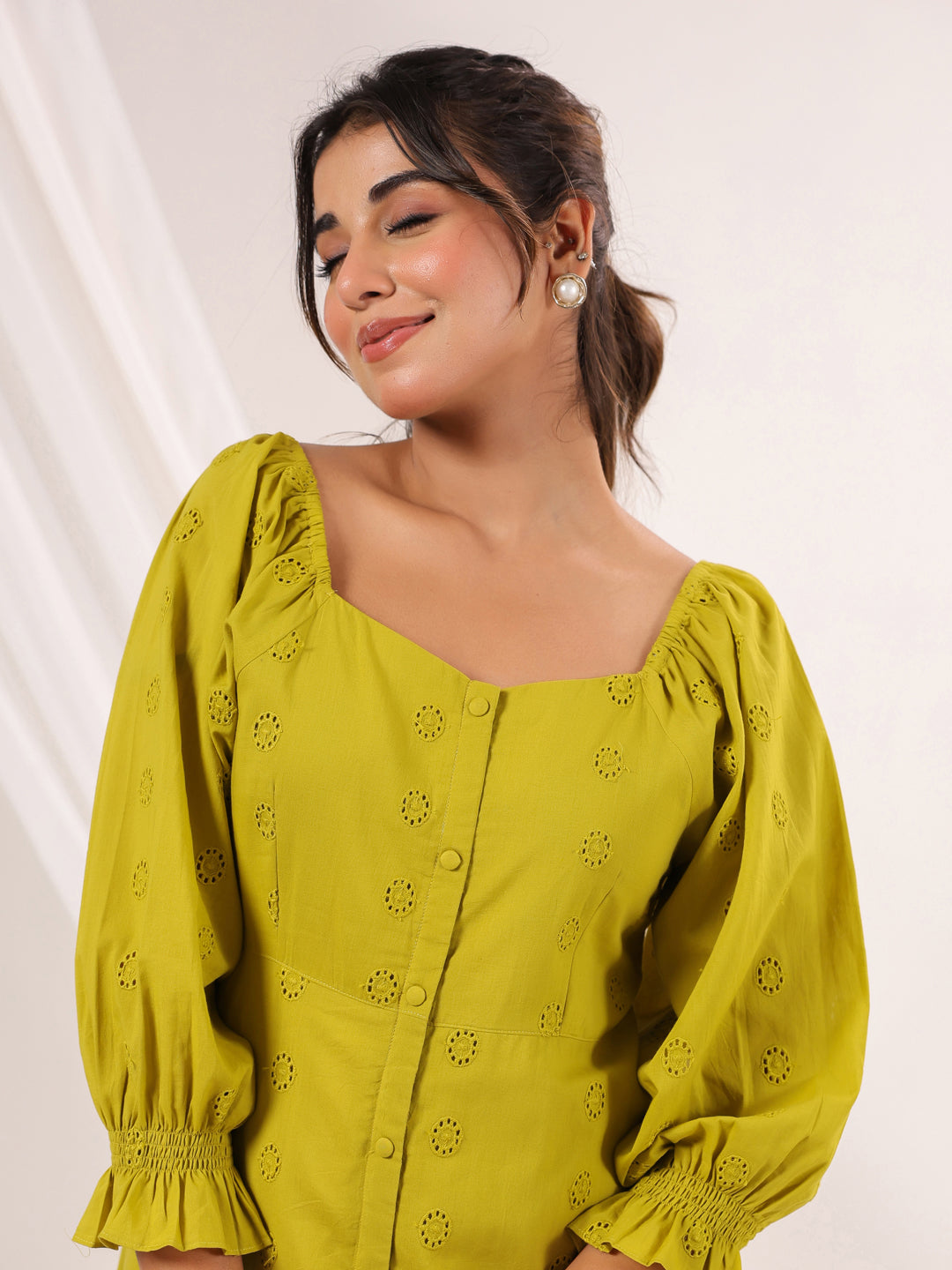 Janasya Dark Cotton Schiffli A-Line Dress 