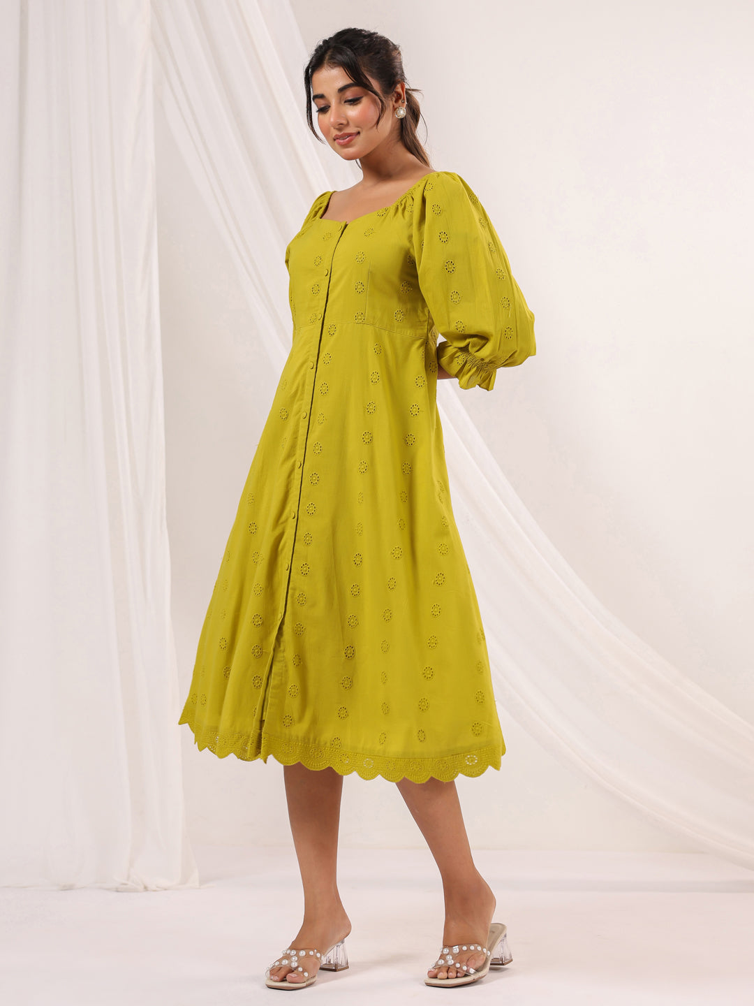 Janasya Dark Cotton Schiffli A-Line Dress 