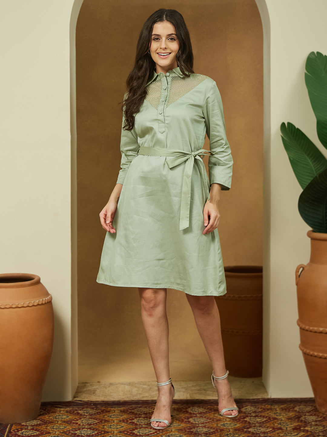 Janasya Light Cotton Yoke Design A-Line Dress 