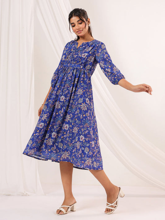 Janasya Dark Georgette Floral A-Line Dress 
