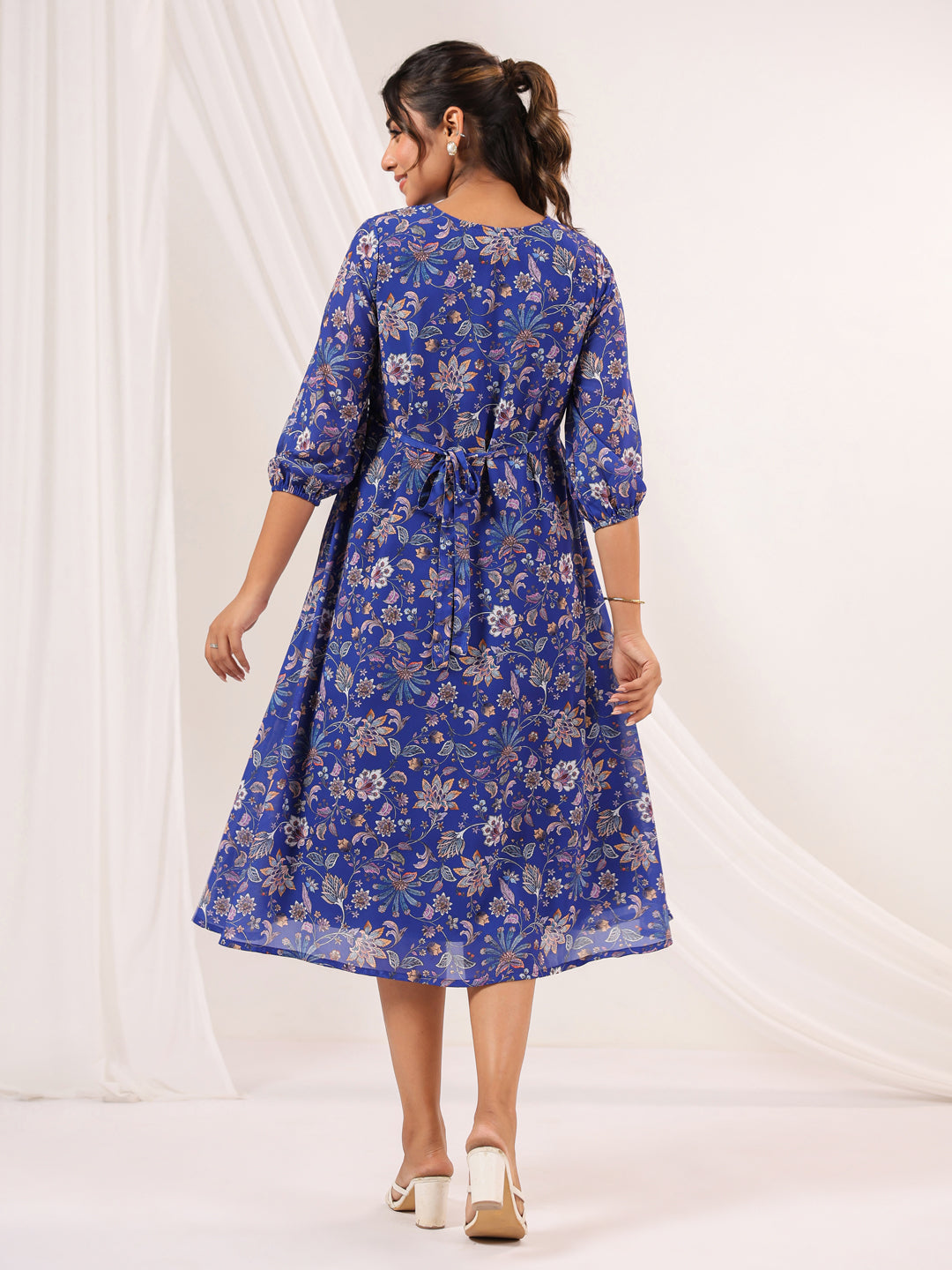 Janasya Dark Georgette Floral A-Line Dress 