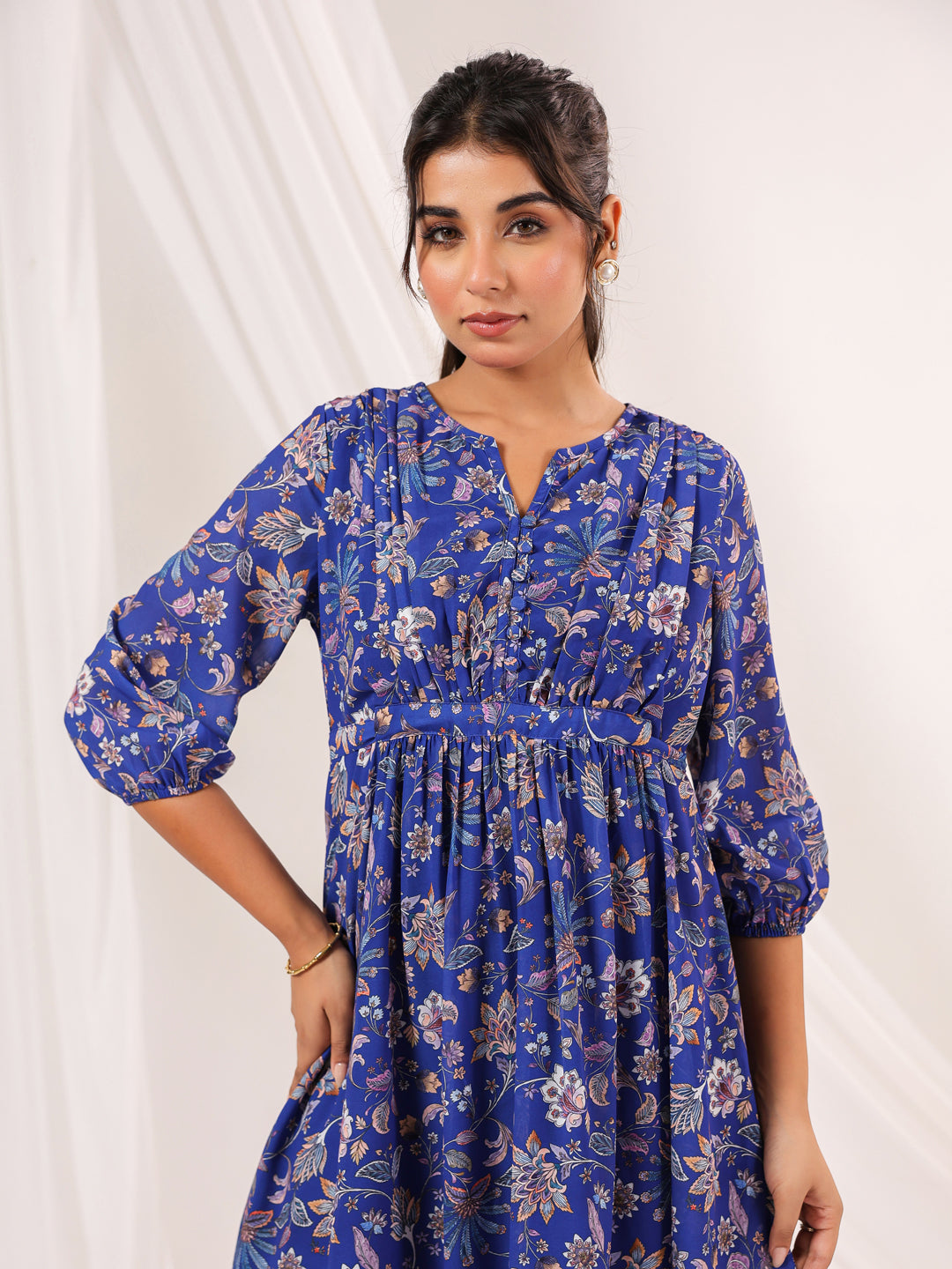 Janasya Dark Georgette Floral A-Line Dress 