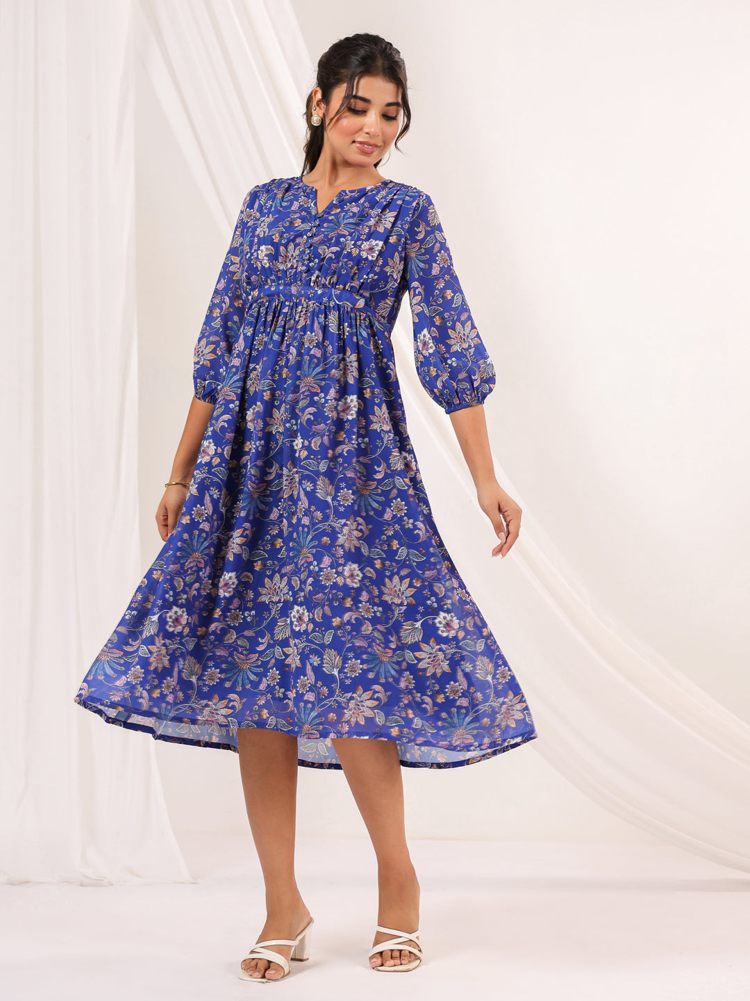 Janasya Dark Georgette Floral A-Line Dress 