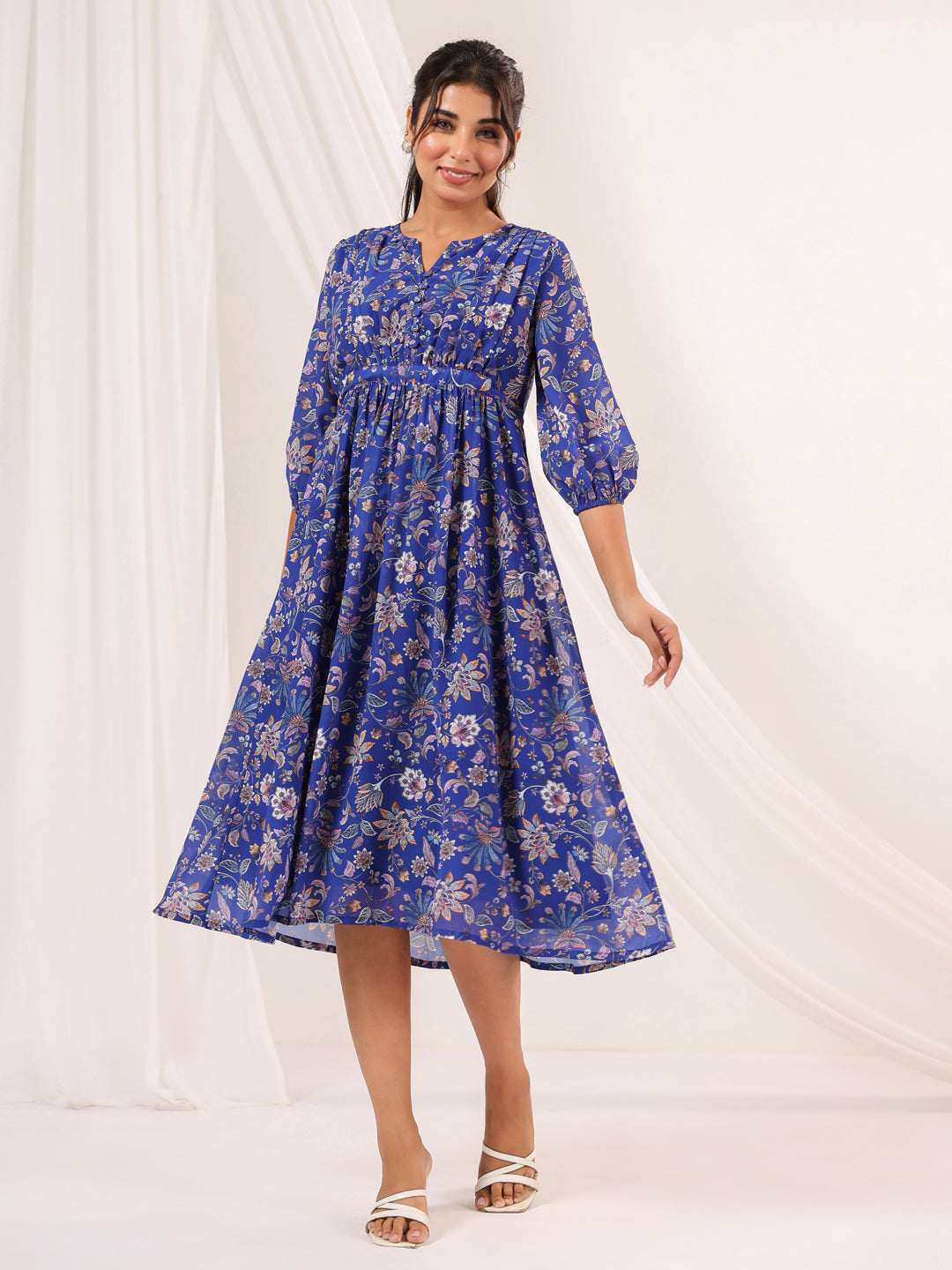 Janasya Dark Georgette Floral A-Line Dress 