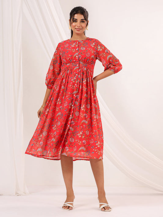 Janasya Bright Georgette Floral Gathered Dress 