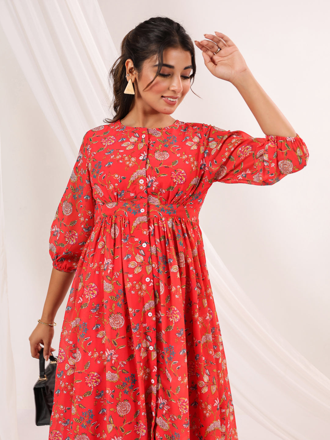 Janasya Bright Georgette Floral Gathered Dress 