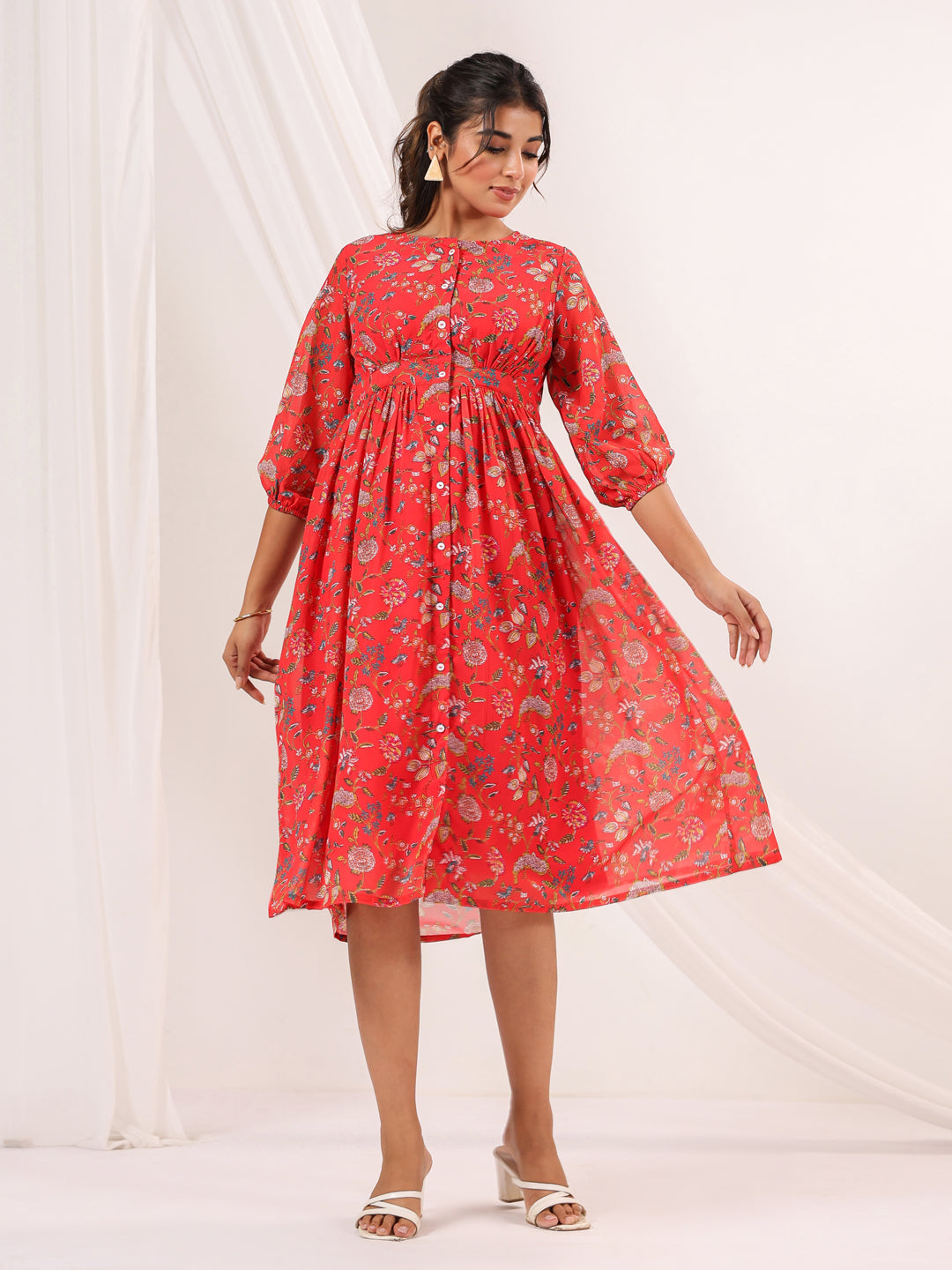 Janasya Bright Georgette Floral Gathered Dress 