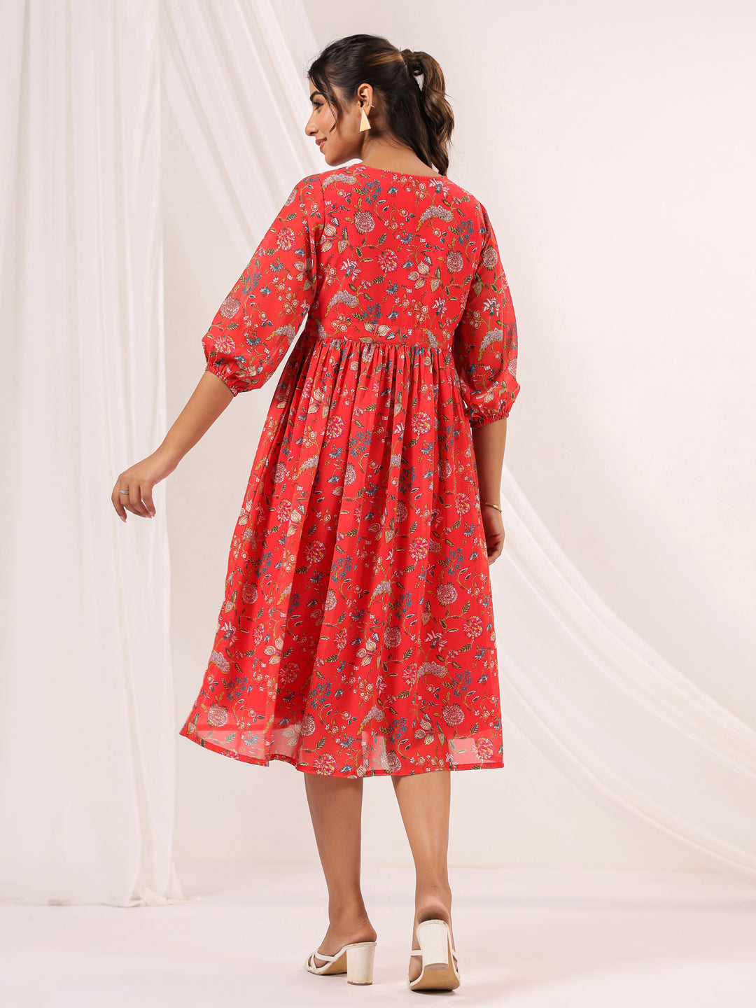 Janasya Bright Georgette Floral Gathered Dress 