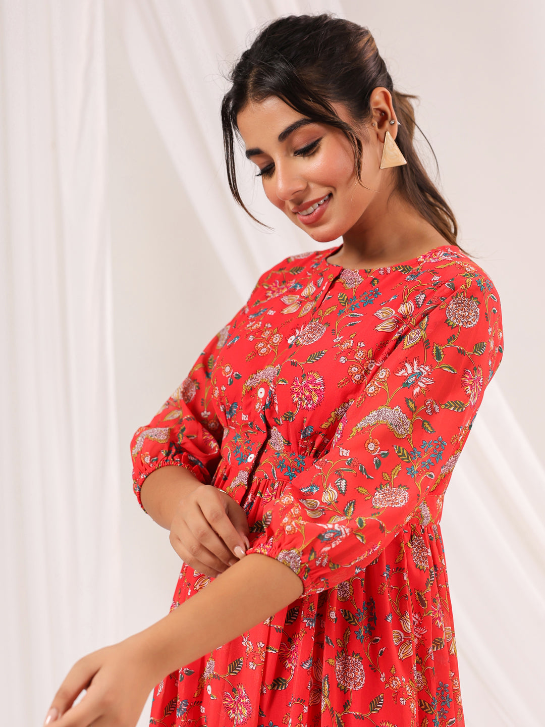 Janasya Bright Georgette Floral Gathered Dress 