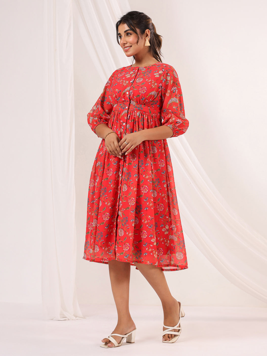 Janasya Bright Georgette Floral Gathered Dress 