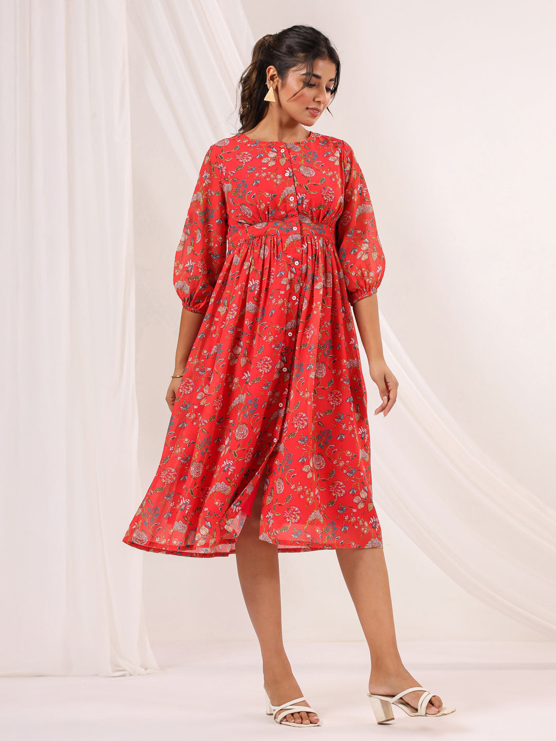 Janasya Bright Georgette Floral Gathered Dress 