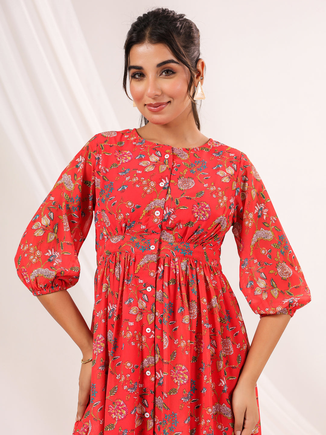 Janasya Bright Georgette Floral Gathered Dress 