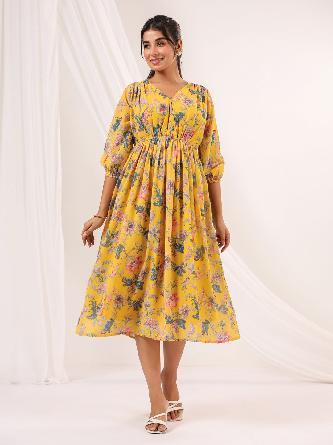 Janasya Bright Georgette Floral A-Line Dress 