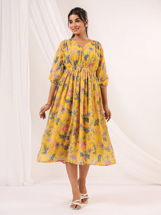 Janasya Bright Georgette Floral A-Line Dress 
