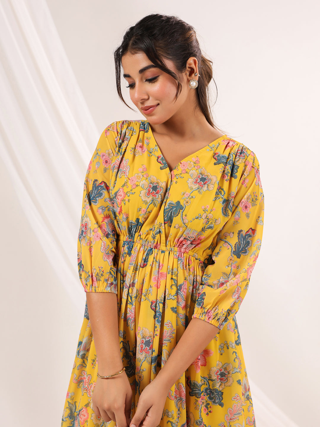 Janasya Bright Georgette Floral A-Line Dress 