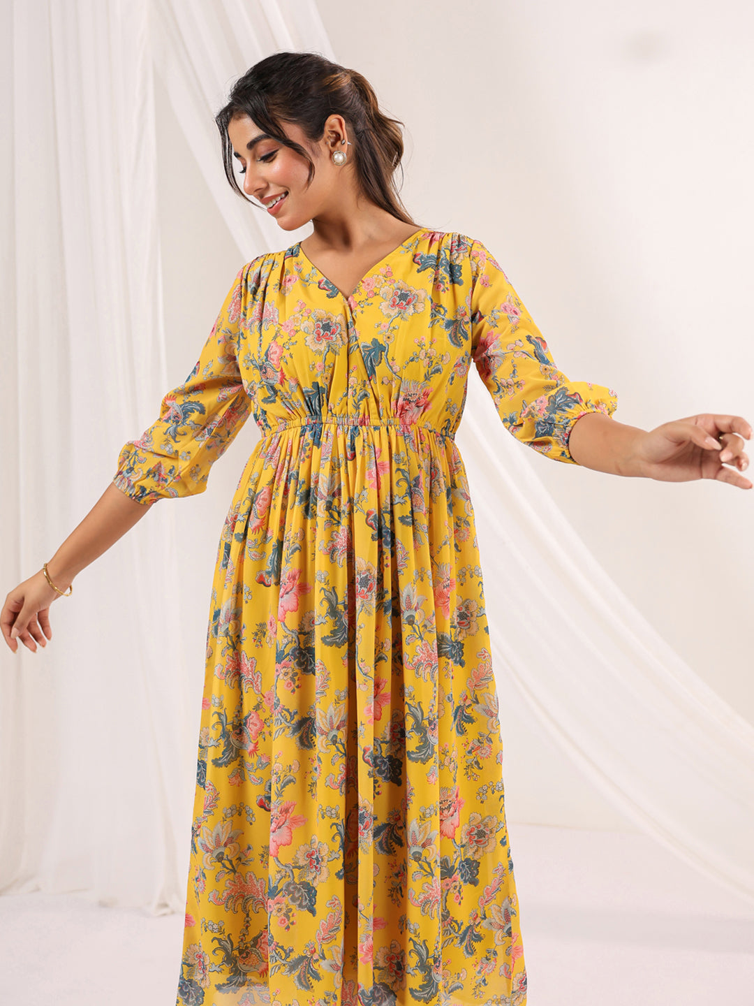 Janasya Bright Georgette Floral A-Line Dress 