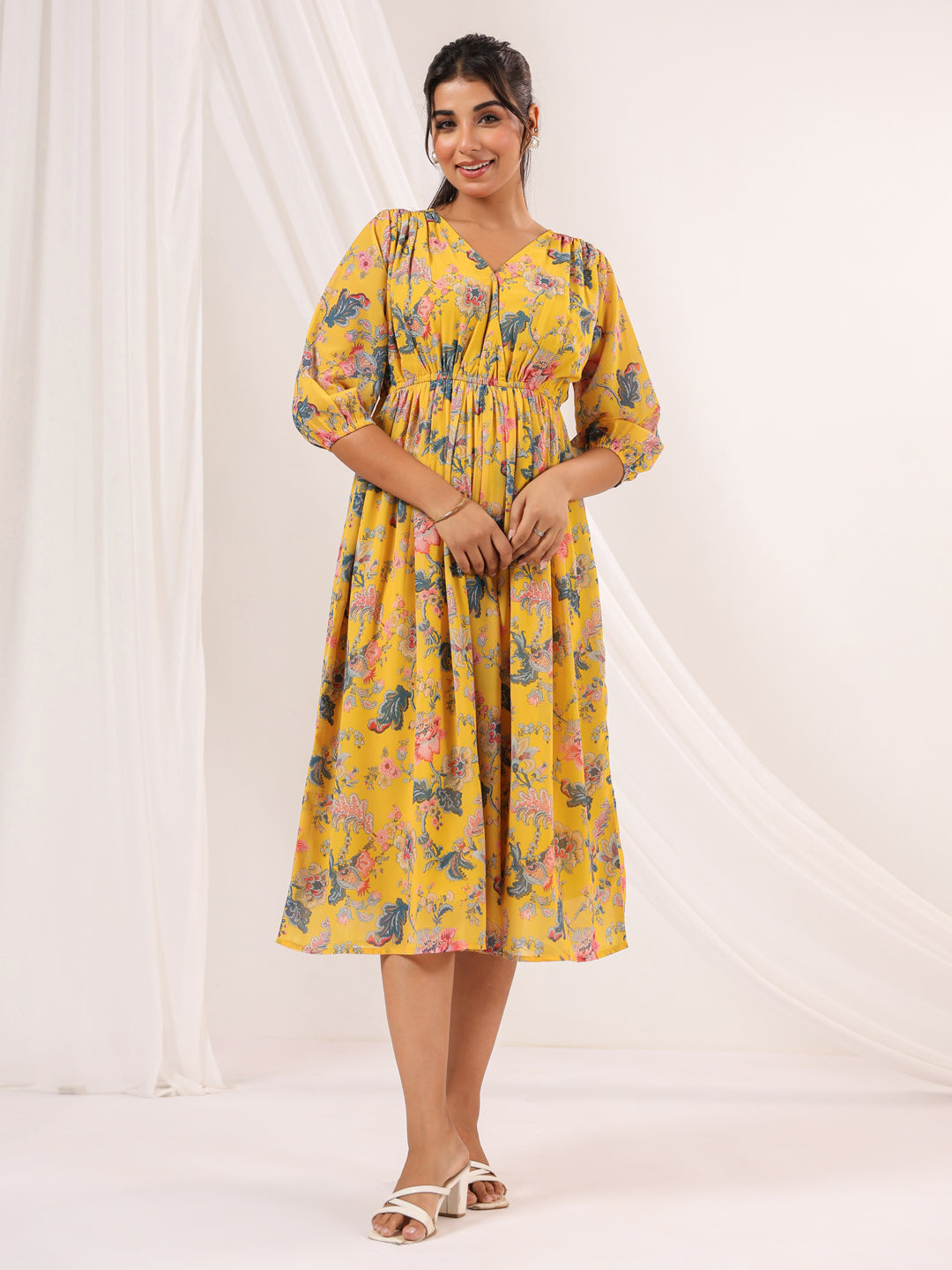 Janasya Bright Georgette Floral A-Line Dress 