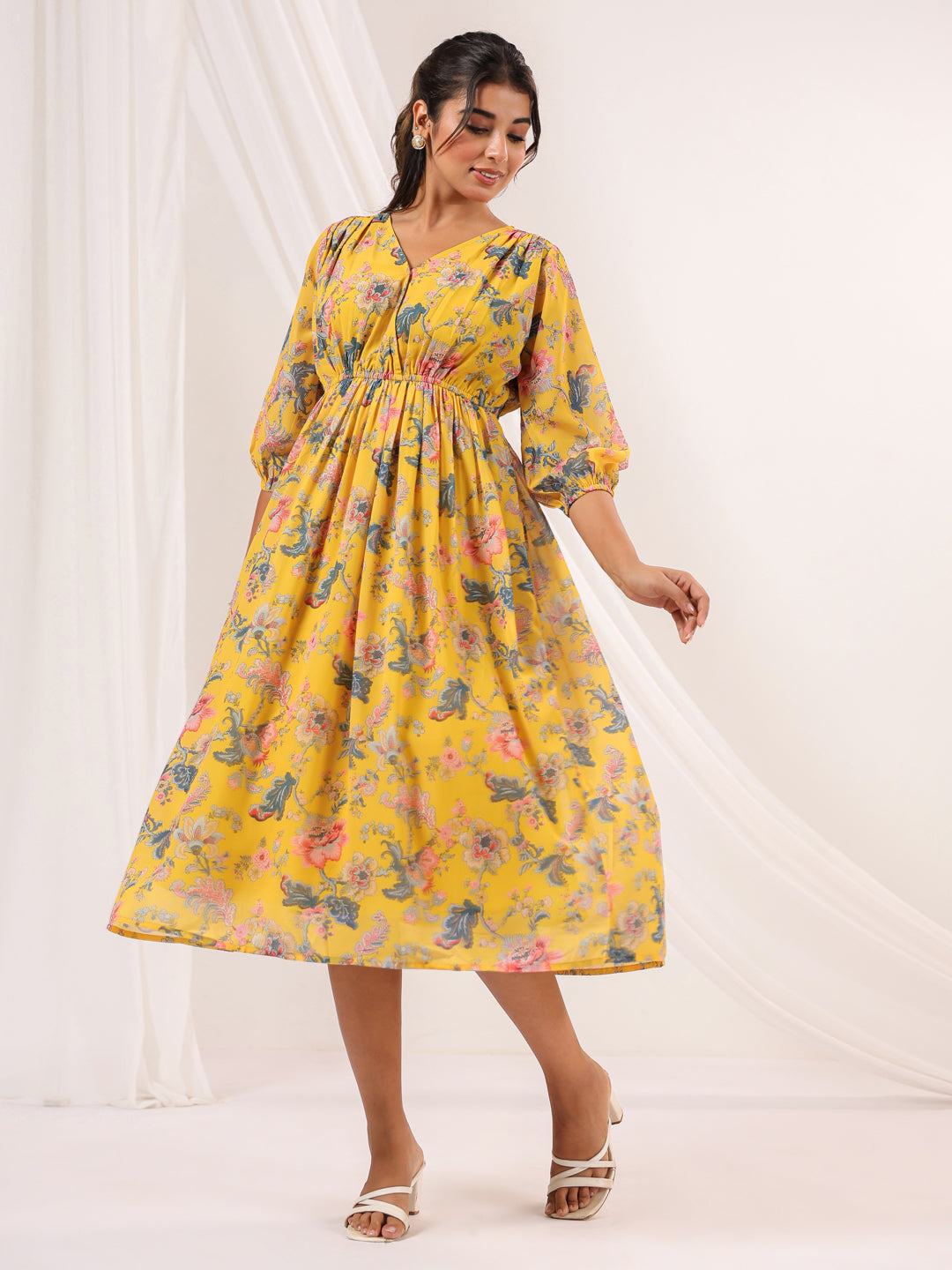 Janasya Bright Georgette Floral A-Line Dress 