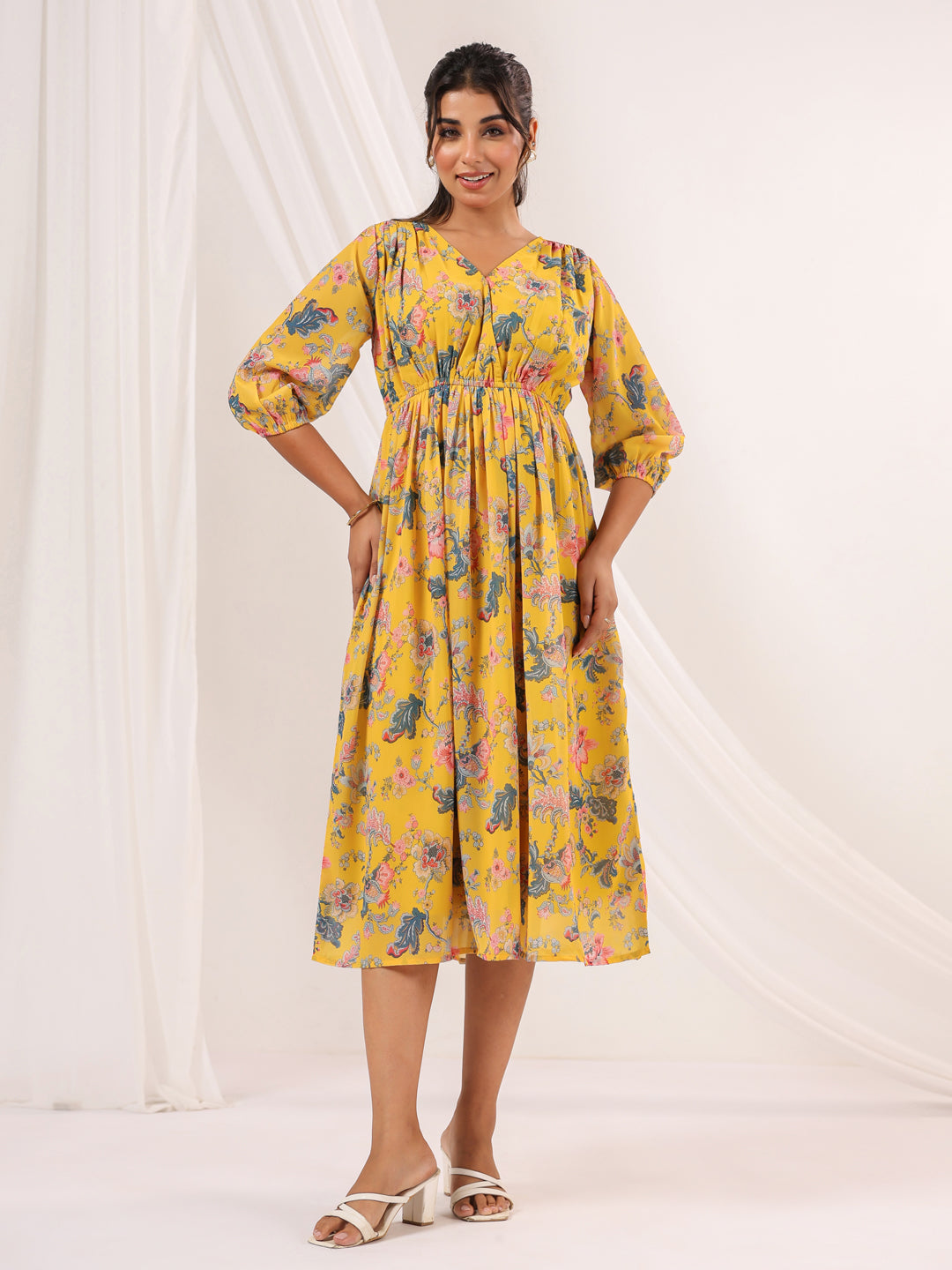 Janasya Bright Georgette Floral A-Line Dress 