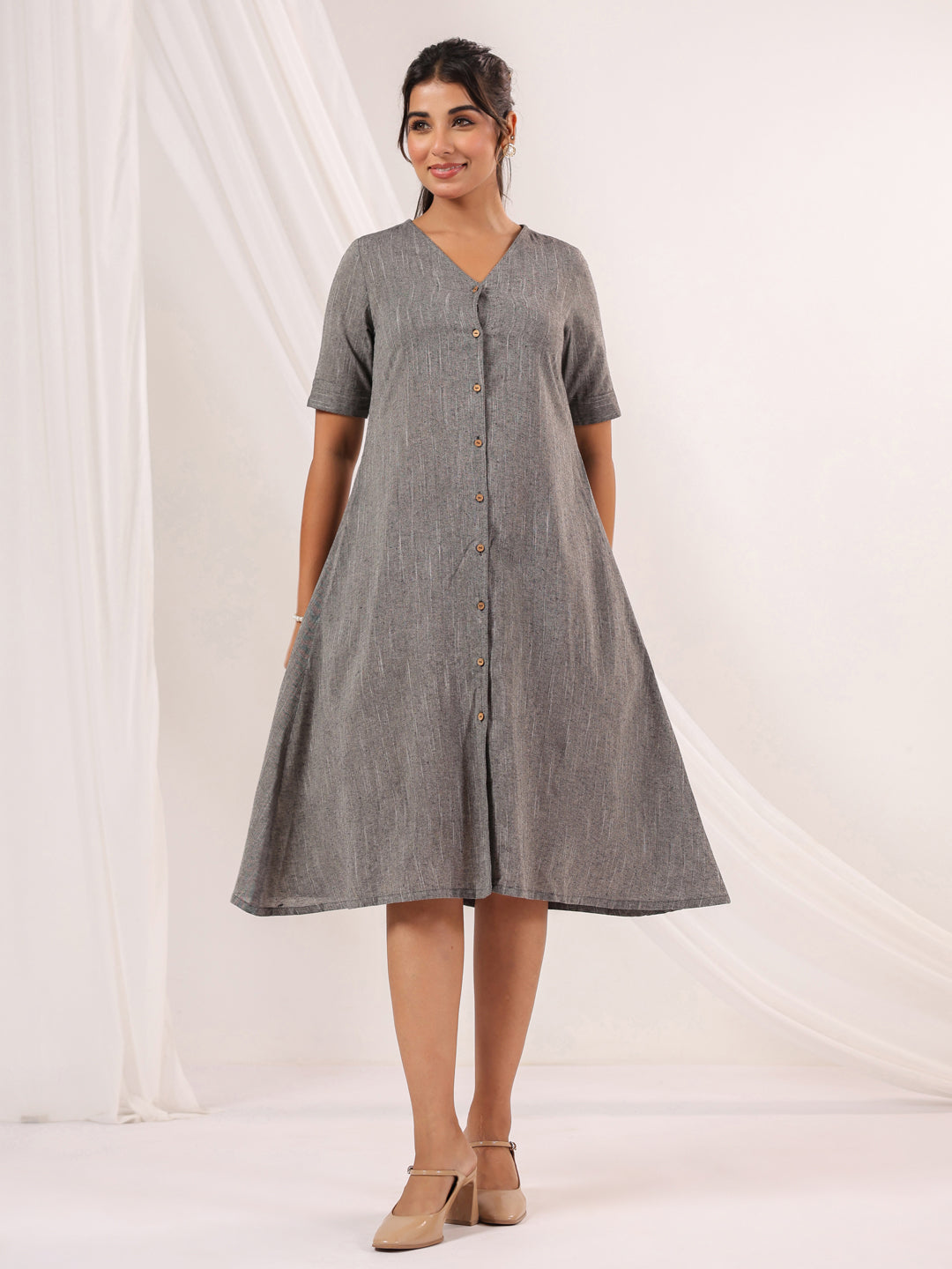 Janasya Dark Cotton Solid A-Line Dress 