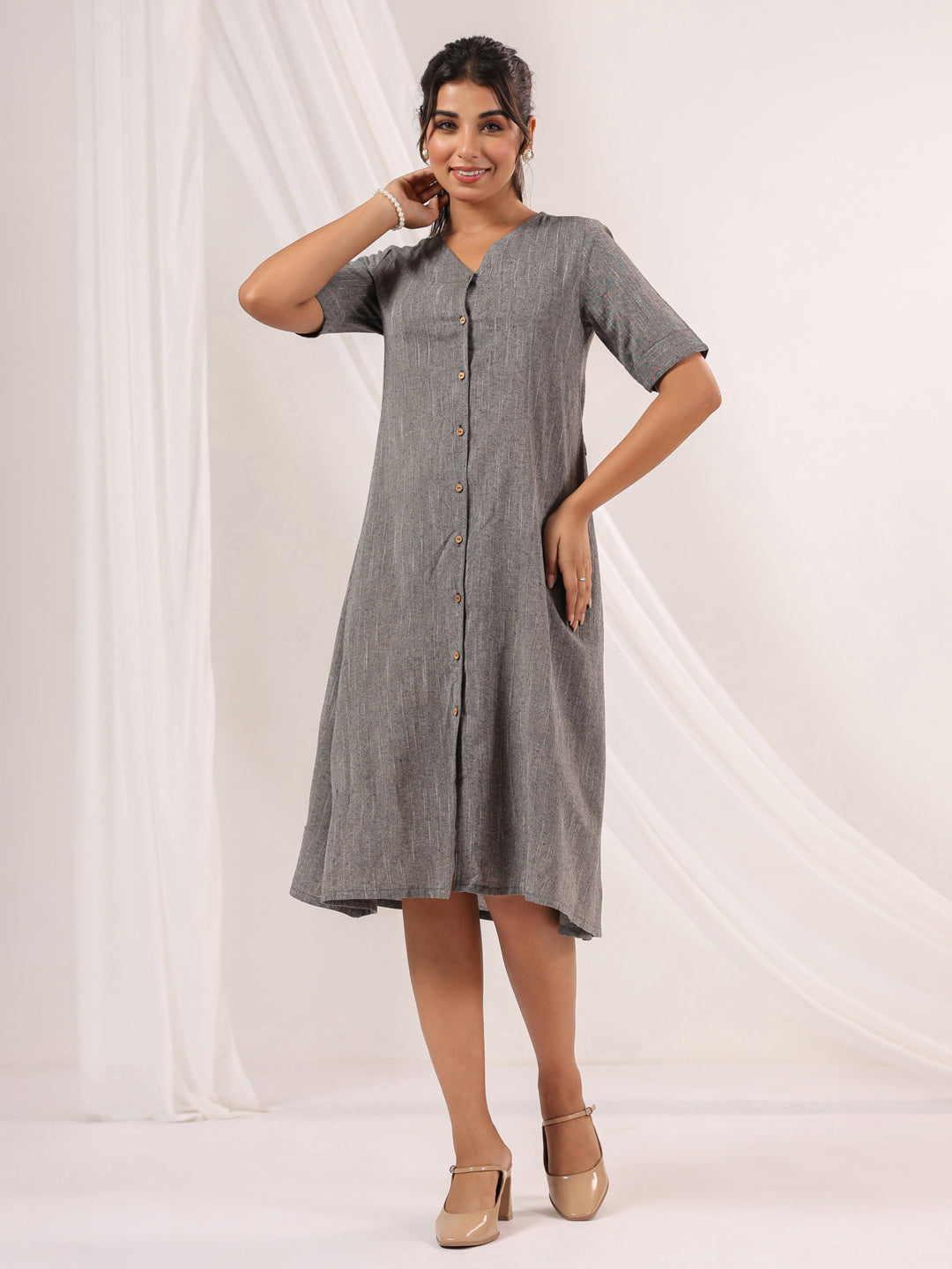 Janasya Dark Cotton Solid A-Line Dress 