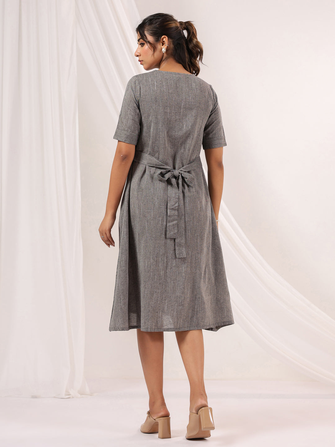Janasya Dark Cotton Solid A-Line Dress 