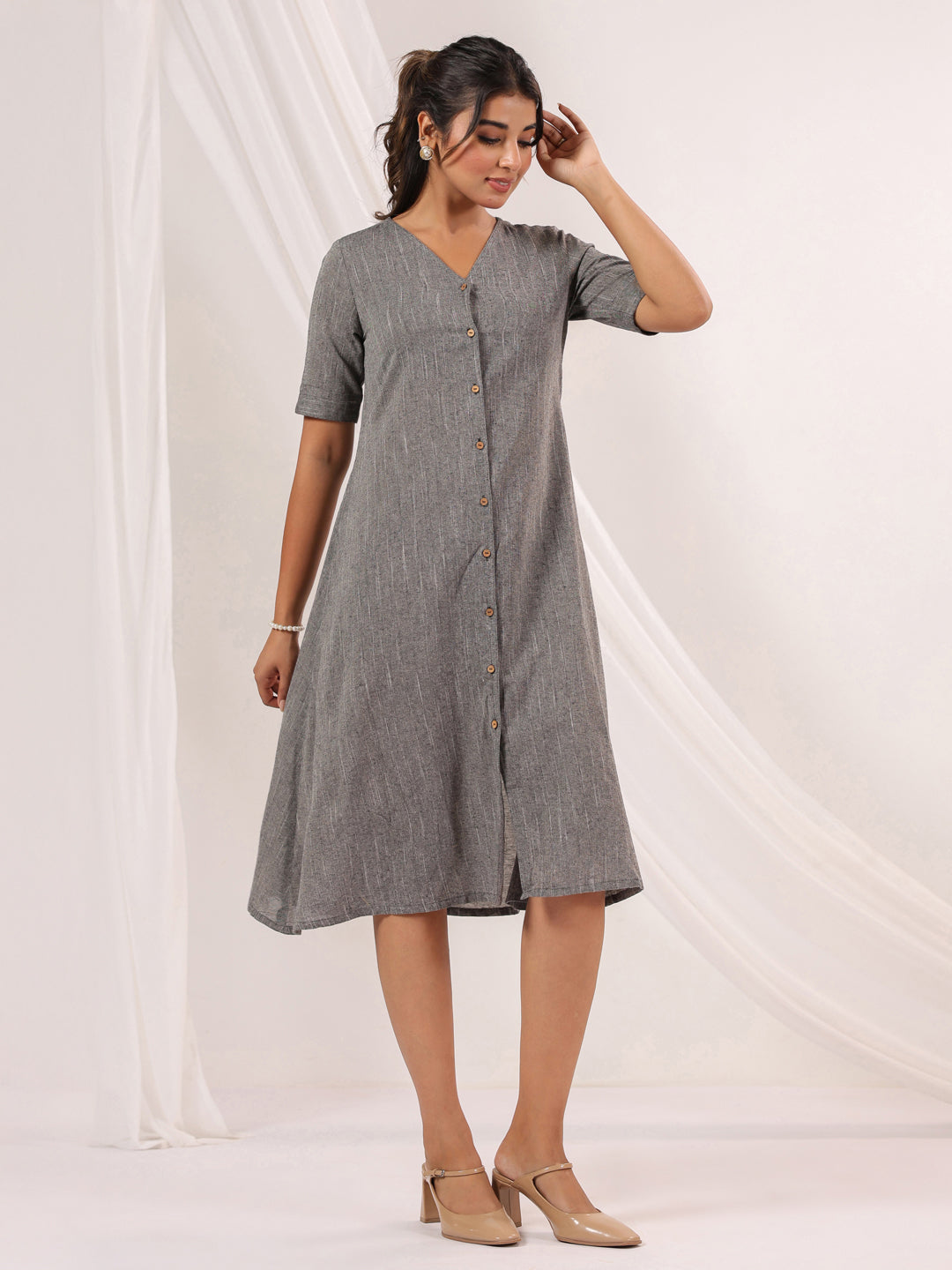 Janasya Dark Cotton Solid A-Line Dress 
