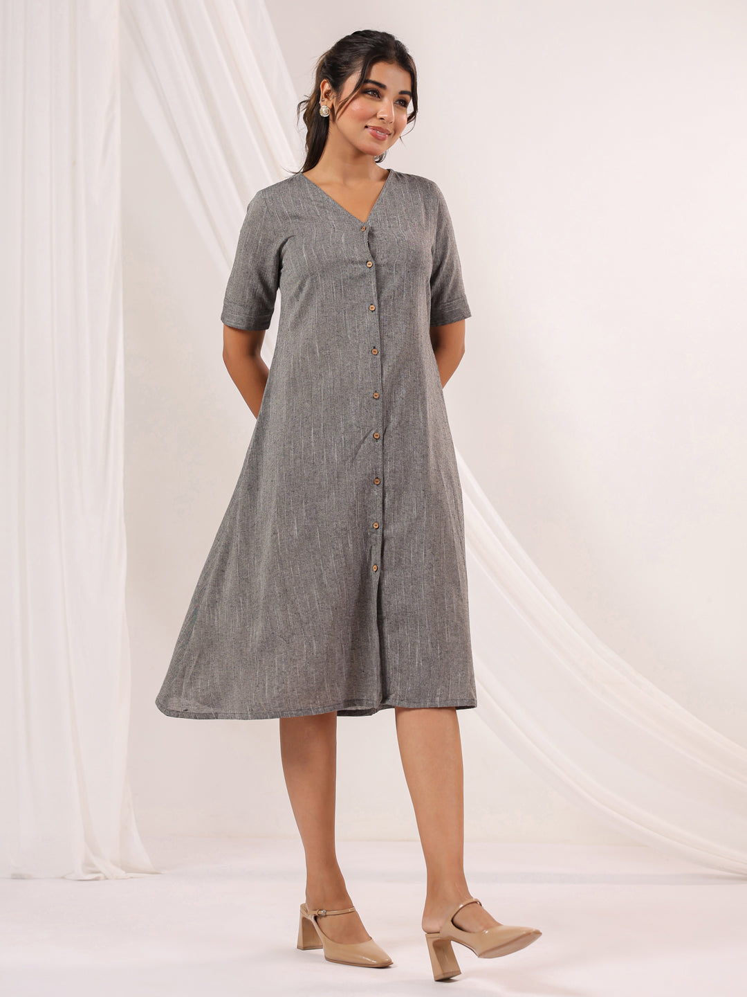 Janasya Dark Cotton Solid A-Line Dress 