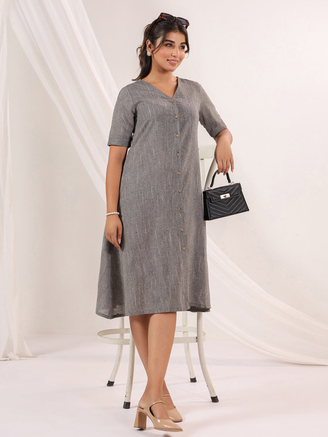 Janasya Dark Cotton Solid A-Line Dress 