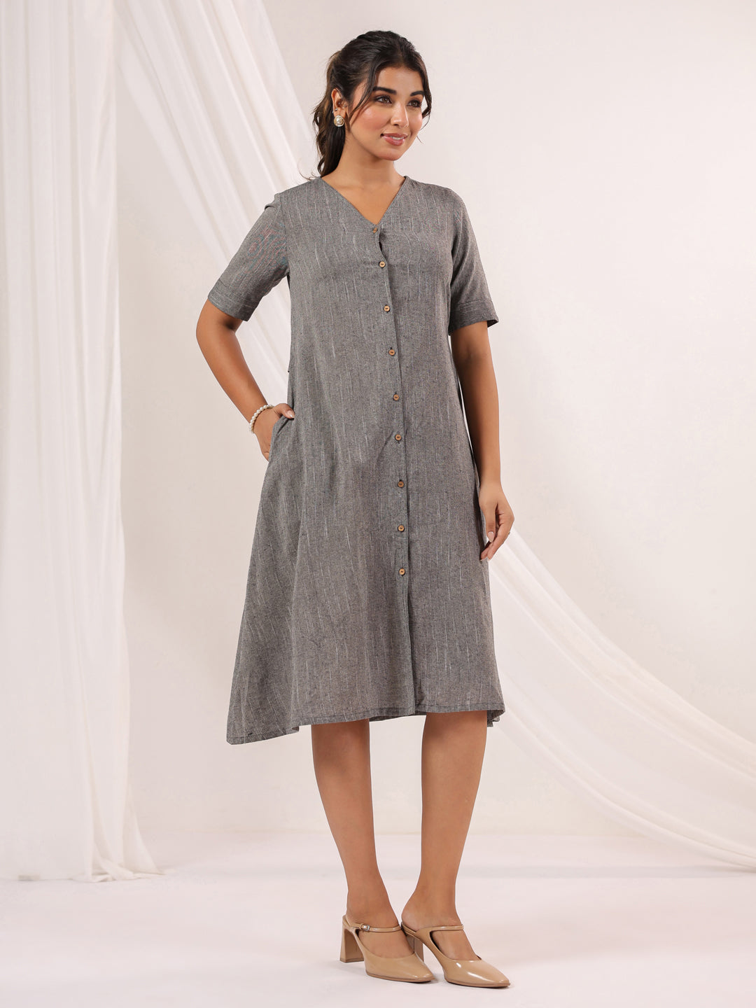 Janasya Dark Cotton Solid A-Line Dress 