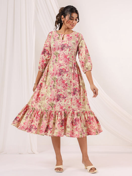 Janasya Bright Cotton Floral A-Line Dress 